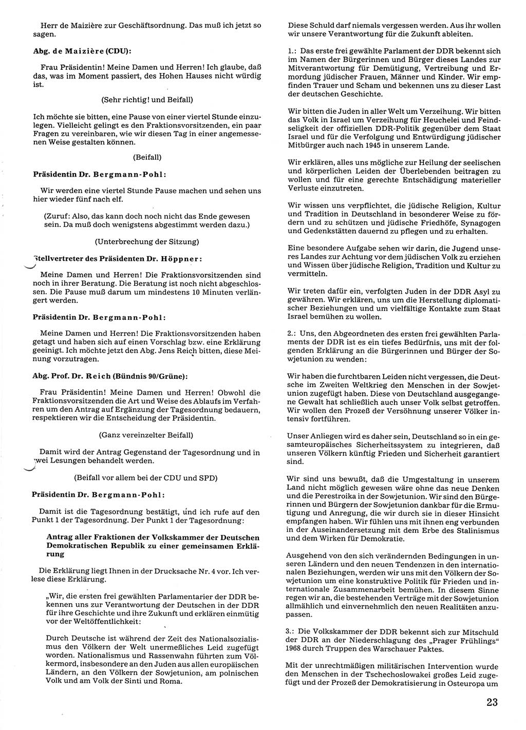 Tagungen der Volkskammer (VK) der Deutschen Demokratischen Republik (DDR), 10. Wahlperiode 1990, Seite 23 (VK. DDR 10. WP. 1990, Prot. Tg. 1-38, 5.4.-2.10.1990, S. 23)