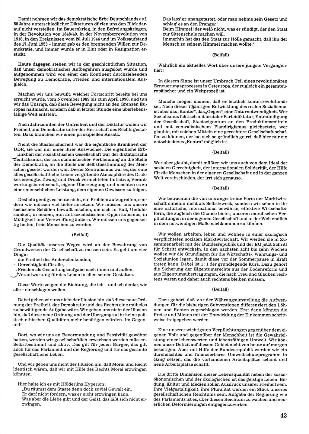 Tagungen der Volkskammer (VK) der Deutschen Demokratischen Republik (DDR), 10. Wahlperiode 1990, Seite 43 (VK. DDR 10. WP. 1990, Prot. Tg. 1-38, 5.4.-2.10.1990, S. 43)