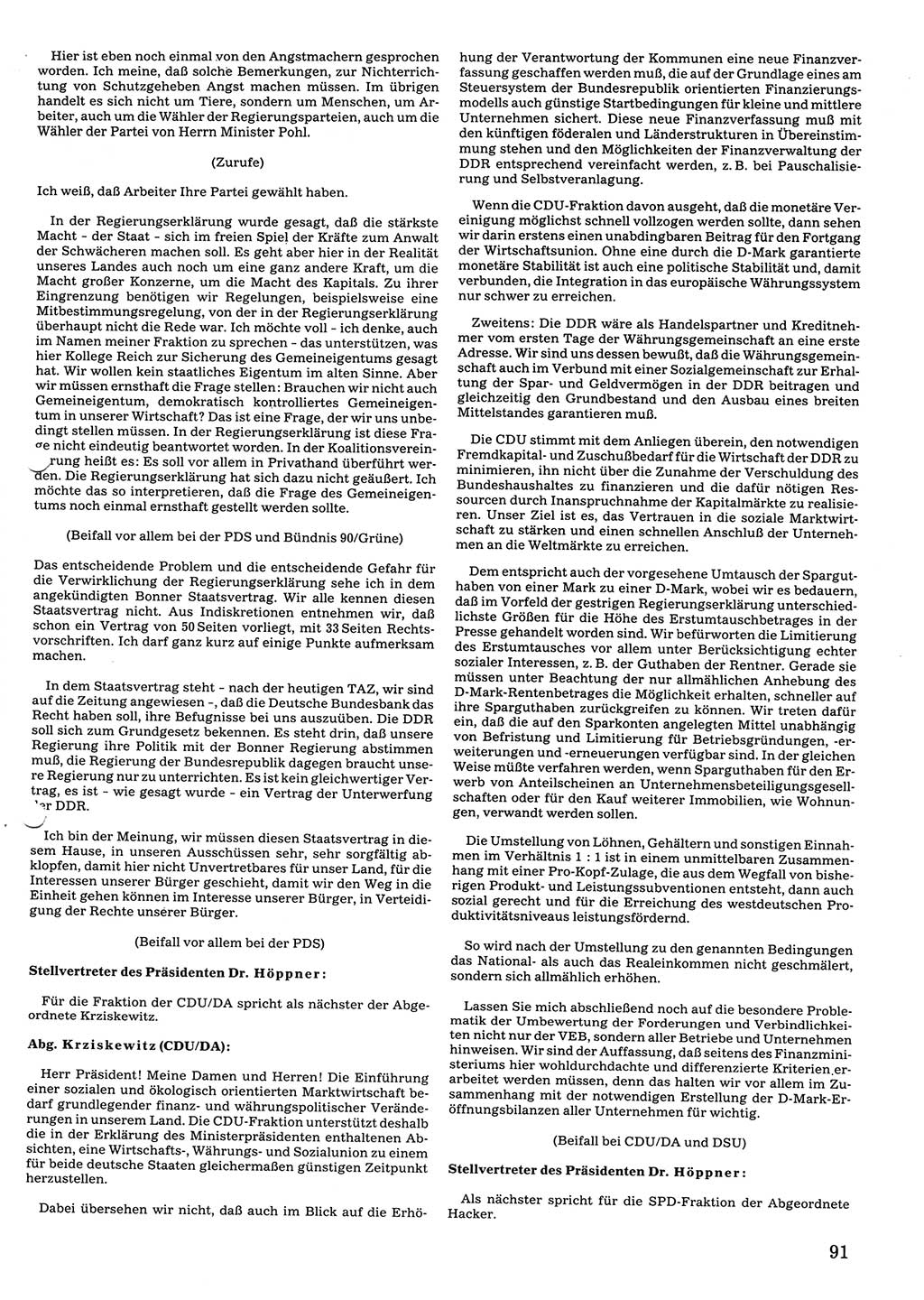 Tagungen der Volkskammer (VK) der Deutschen Demokratischen Republik (DDR), 10. Wahlperiode 1990, Seite 91 (VK. DDR 10. WP. 1990, Prot. Tg. 1-38, 5.4.-2.10.1990, S. 91)