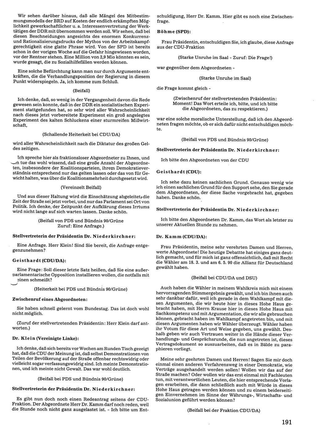 Tagungen der Volkskammer (VK) der Deutschen Demokratischen Republik (DDR), 10. Wahlperiode 1990, Seite 191 (VK. DDR 10. WP. 1990, Prot. Tg. 1-38, 5.4.-2.10.1990, S. 191)
