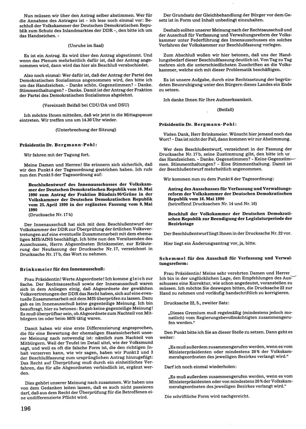 Tagungen der Volkskammer (VK) der Deutschen Demokratischen Republik (DDR), 10. Wahlperiode 1990, Seite 196 (VK. DDR 10. WP. 1990, Prot. Tg. 1-38, 5.4.-2.10.1990, S. 196)