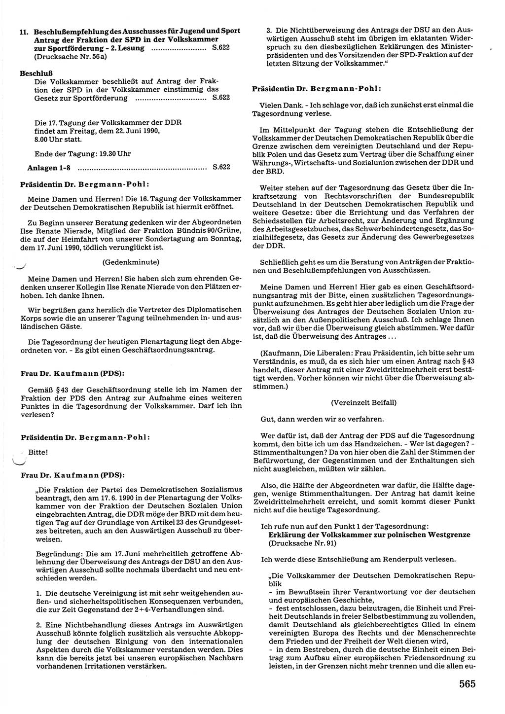 Tagungen der Volkskammer (VK) der Deutschen Demokratischen Republik (DDR), 10. Wahlperiode 1990, Seite 565 (VK. DDR 10. WP. 1990, Prot. Tg. 1-38, 5.4.-2.10.1990, S. 565)