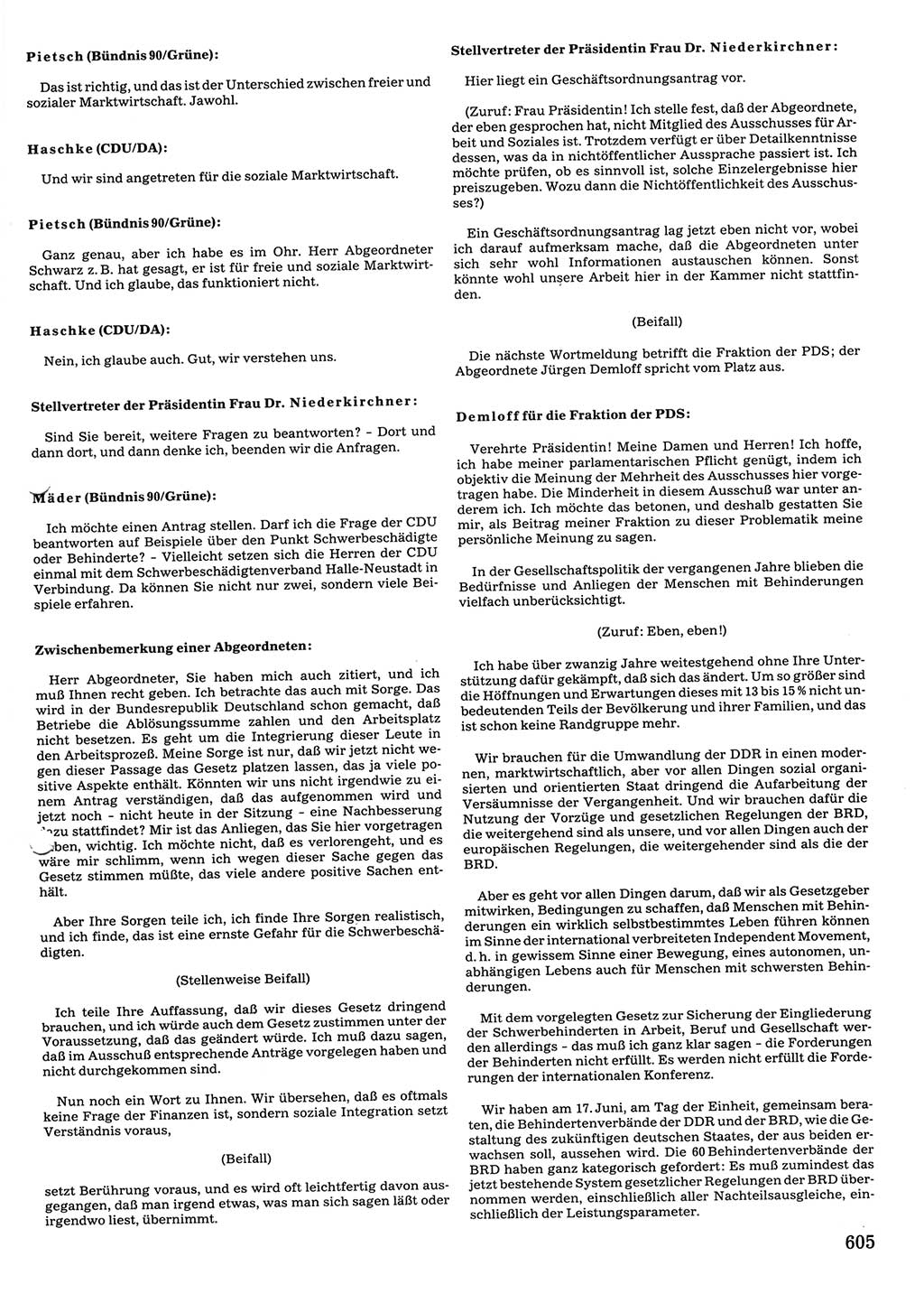 Tagungen der Volkskammer (VK) der Deutschen Demokratischen Republik (DDR), 10. Wahlperiode 1990, Seite 605 (VK. DDR 10. WP. 1990, Prot. Tg. 1-38, 5.4.-2.10.1990, S. 605)