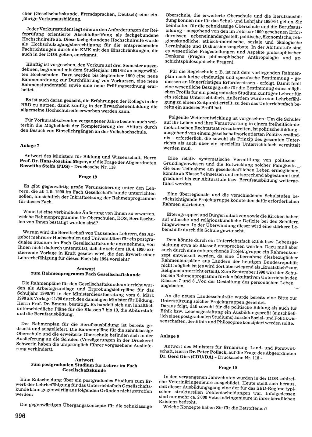 Tagungen der Volkskammer (VK) der Deutschen Demokratischen Republik (DDR), 10. Wahlperiode 1990, Seite 996 (VK. DDR 10. WP. 1990, Prot. Tg. 1-38, 5.4.-2.10.1990, S. 996)