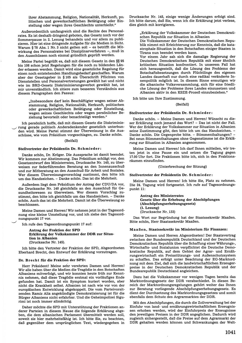 Tagungen der Volkskammer (VK) der Deutschen Demokratischen Republik (DDR), 10. Wahlperiode 1990, Seite 1041 (VK. DDR 10. WP. 1990, Prot. Tg. 1-38, 5.4.-2.10.1990, S. 1041)