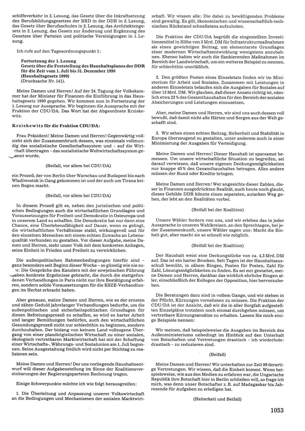 Tagungen der Volkskammer (VK) der Deutschen Demokratischen Republik (DDR), 10. Wahlperiode 1990, Seite 1053 (VK. DDR 10. WP. 1990, Prot. Tg. 1-38, 5.4.-2.10.1990, S. 1053)