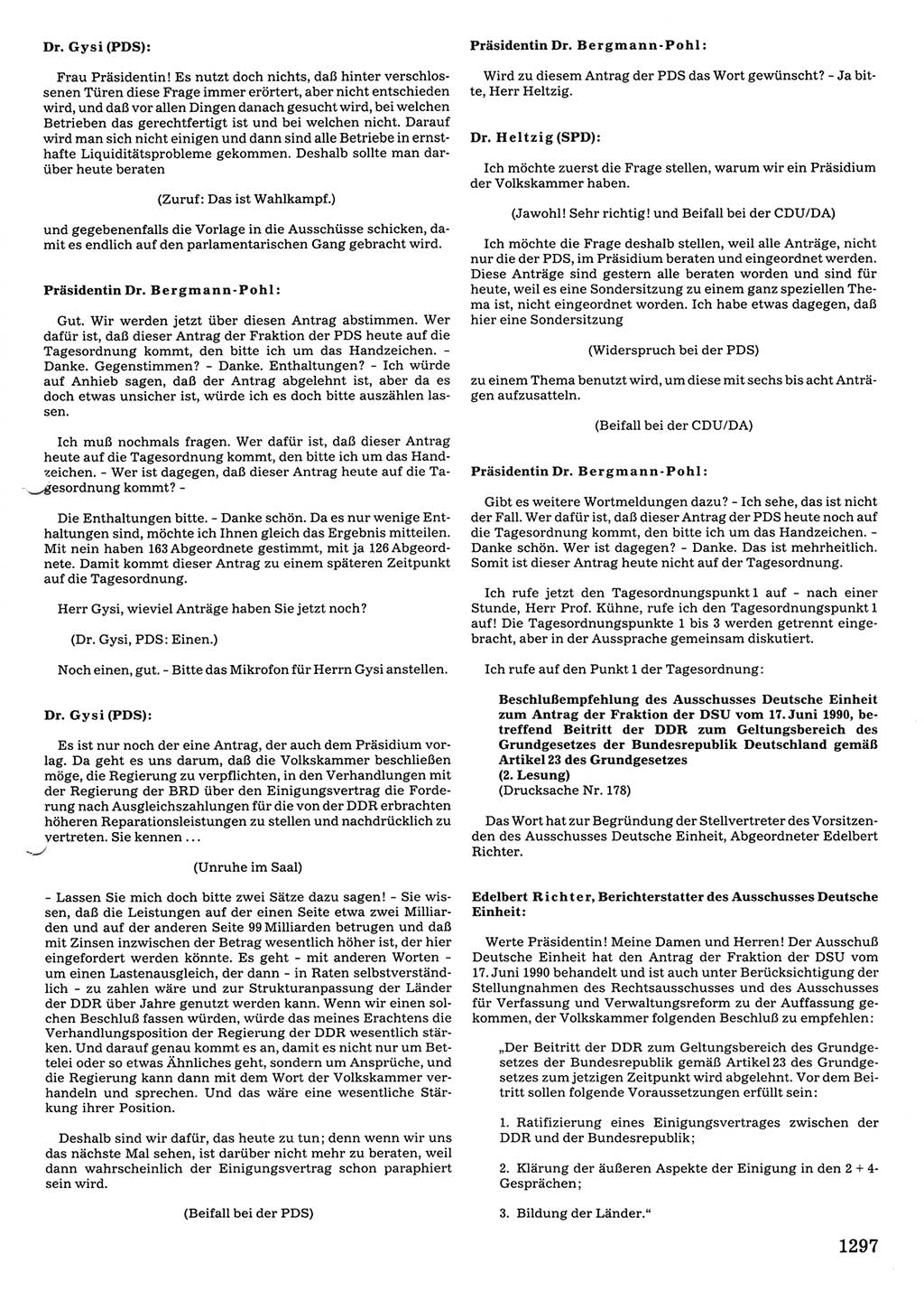 Tagungen der Volkskammer (VK) der Deutschen Demokratischen Republik (DDR), 10. Wahlperiode 1990, Seite 1297 (VK. DDR 10. WP. 1990, Prot. Tg. 1-38, 5.4.-2.10.1990, S. 1297)