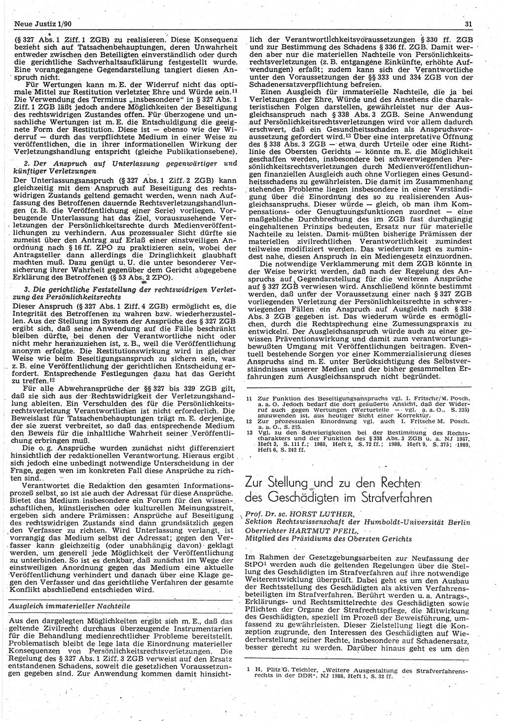 Neue Justiz (NJ), Zeitschrift für Rechtsetzung und Rechtsanwendung [Deutsche Demokratische Republik (DDR)], 44. Jahrgang 1990, Seite 31 (NJ DDR 1990, S. 31)