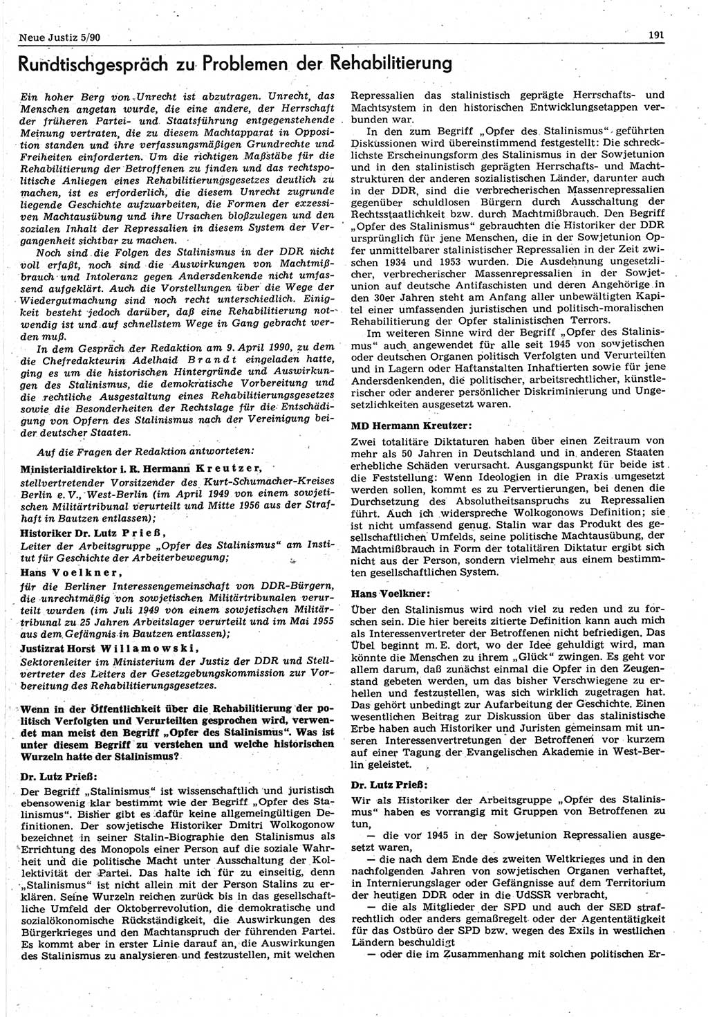 Neue Justiz (NJ), Zeitschrift für Rechtsetzung und Rechtsanwendung [Deutsche Demokratische Republik (DDR)], 44. Jahrgang 1990, Seite 191 (NJ DDR 1990, S. 191)