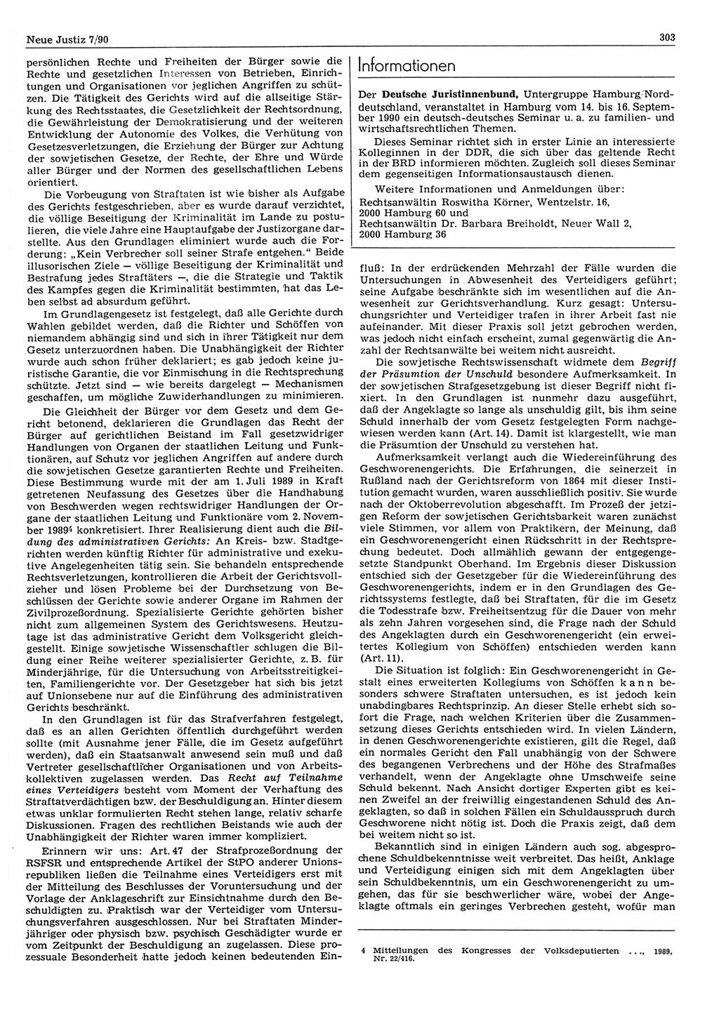 Neue Justiz (NJ), Zeitschrift für Rechtsetzung und Rechtsanwendung [Deutsche Demokratische Republik (DDR)], 44. Jahrgang 1990, Seite 303 (NJ DDR 1990, S. 303)