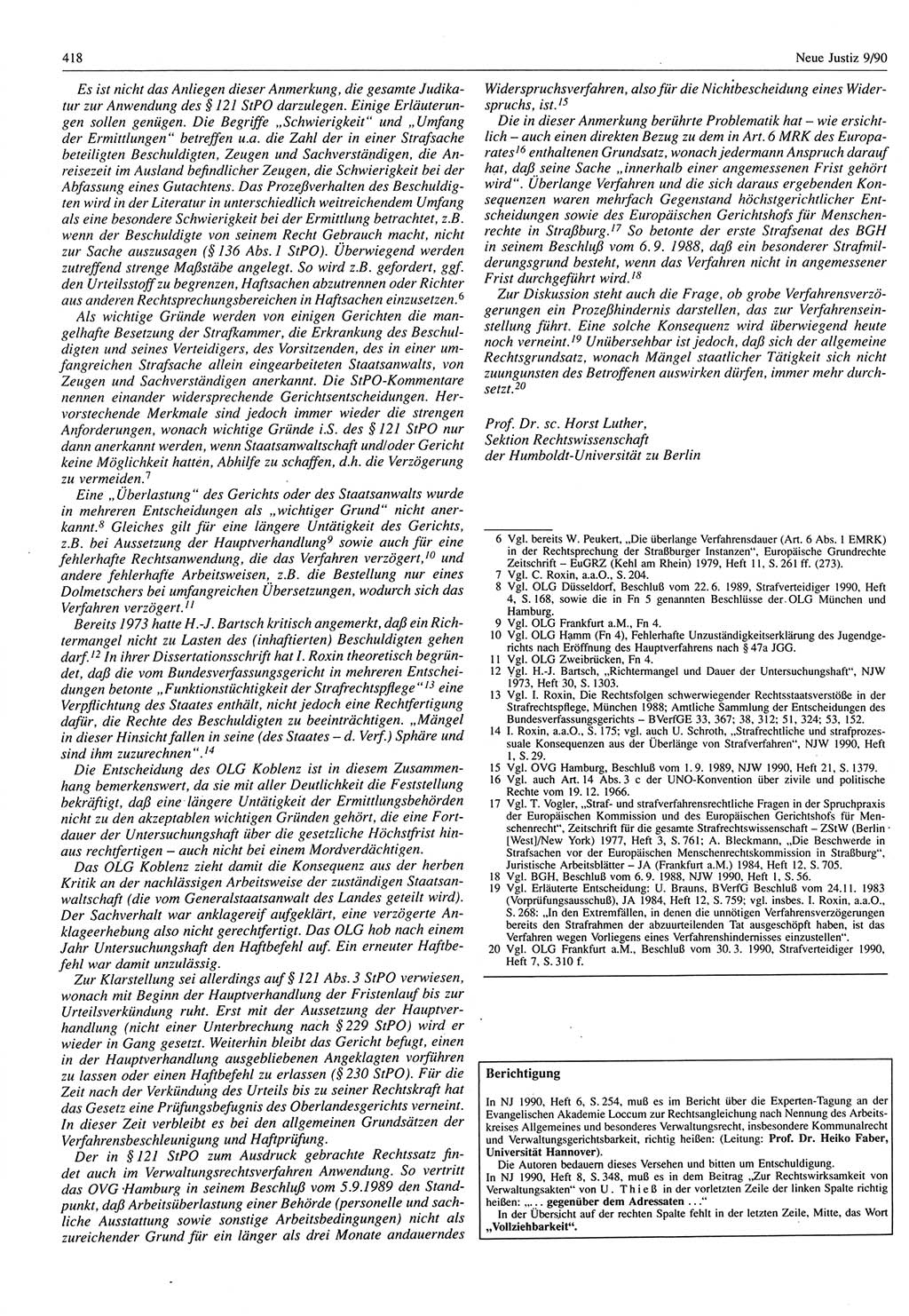 Neue Justiz (NJ), Zeitschrift für Rechtsetzung und Rechtsanwendung [Deutsche Demokratische Republik (DDR)], 44. Jahrgang 1990, Seite 418 (NJ DDR 1990, S. 418)