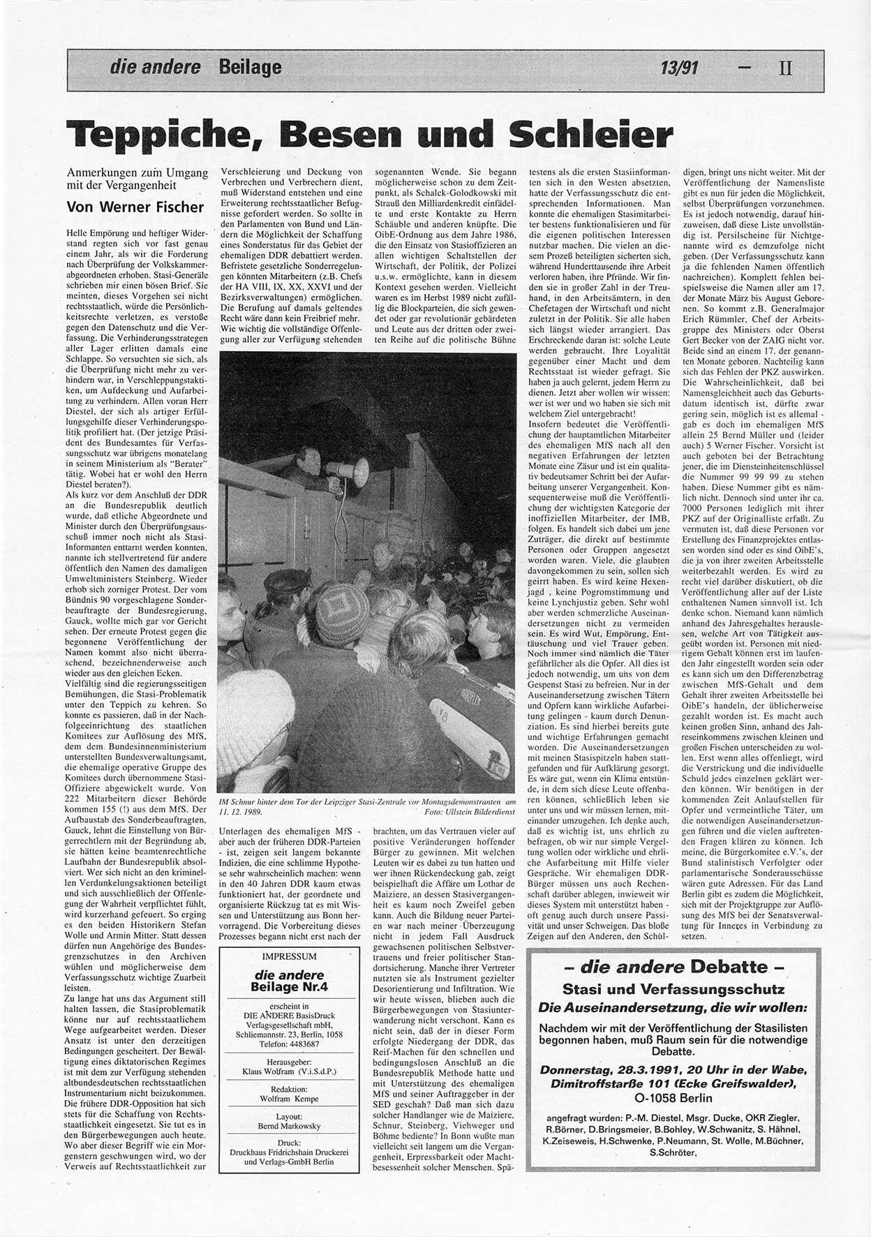 Die Andere, Unabhängige Wochenzeitung für Politik, Kultur und Kunst, Ausgabe 13 vom 27.3.1991, Beilage 4, Seite 2 (And. W.-Zg. Ausg. 13 1991, Beil. S. 2)