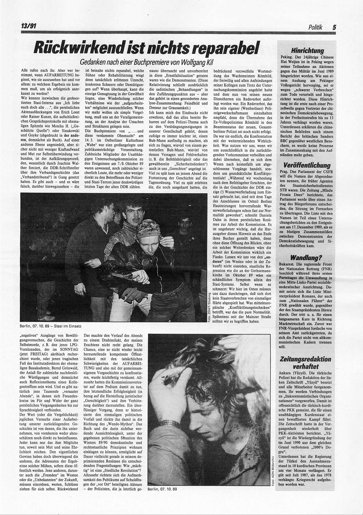 Die Andere, Unabhängige Wochenzeitung für Politik, Kultur und Kunst, Ausgabe 13 vom 27.3.1991, Seite 5 (And. W.-Zg. Ausg. 13 1991, S. 5)