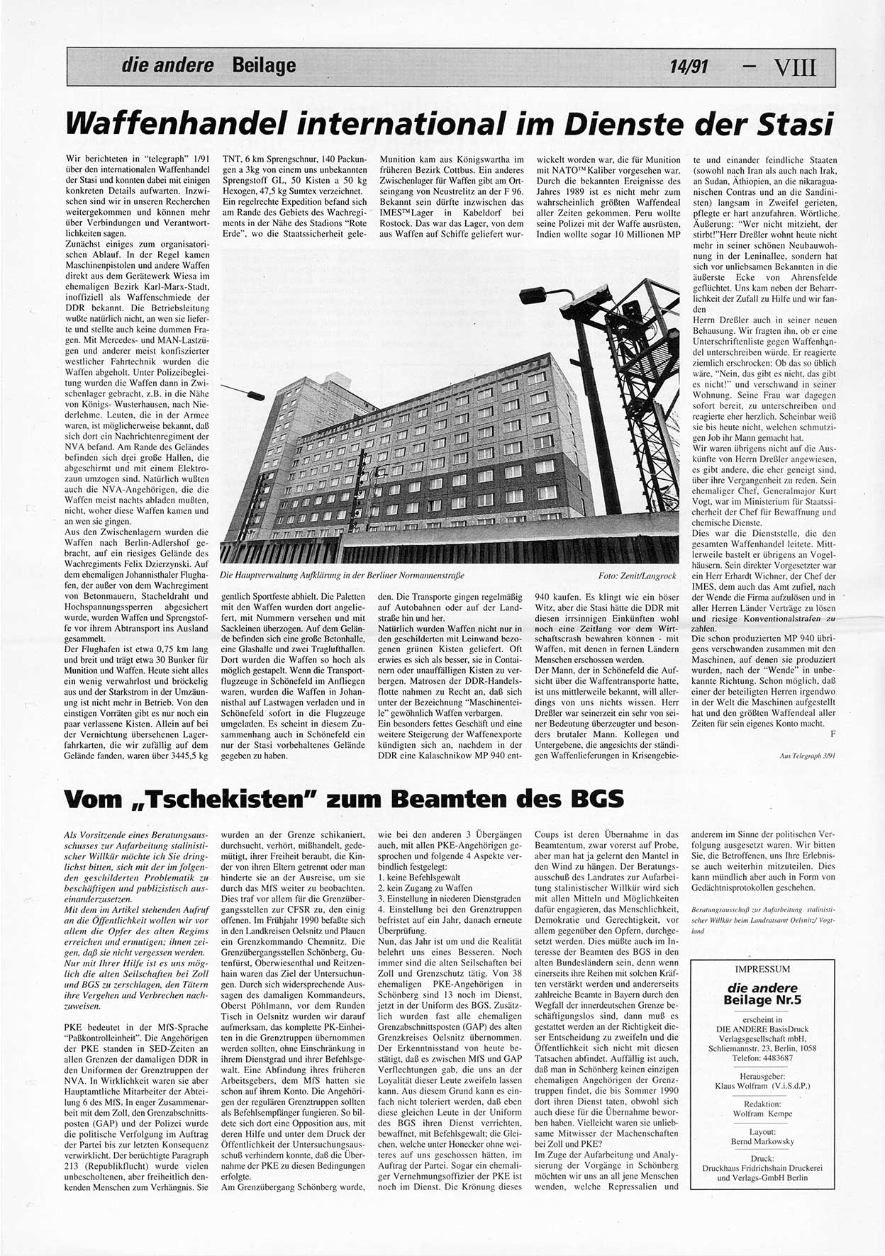 Die Andere, Unabhängige Wochenzeitung für Politik, Kultur und Kunst, Ausgabe 14 vom 3.4.1991, Beilage 5, Seite 8 (And. W.-Zg. Ausg. 14 1991, Beil. S. 8)