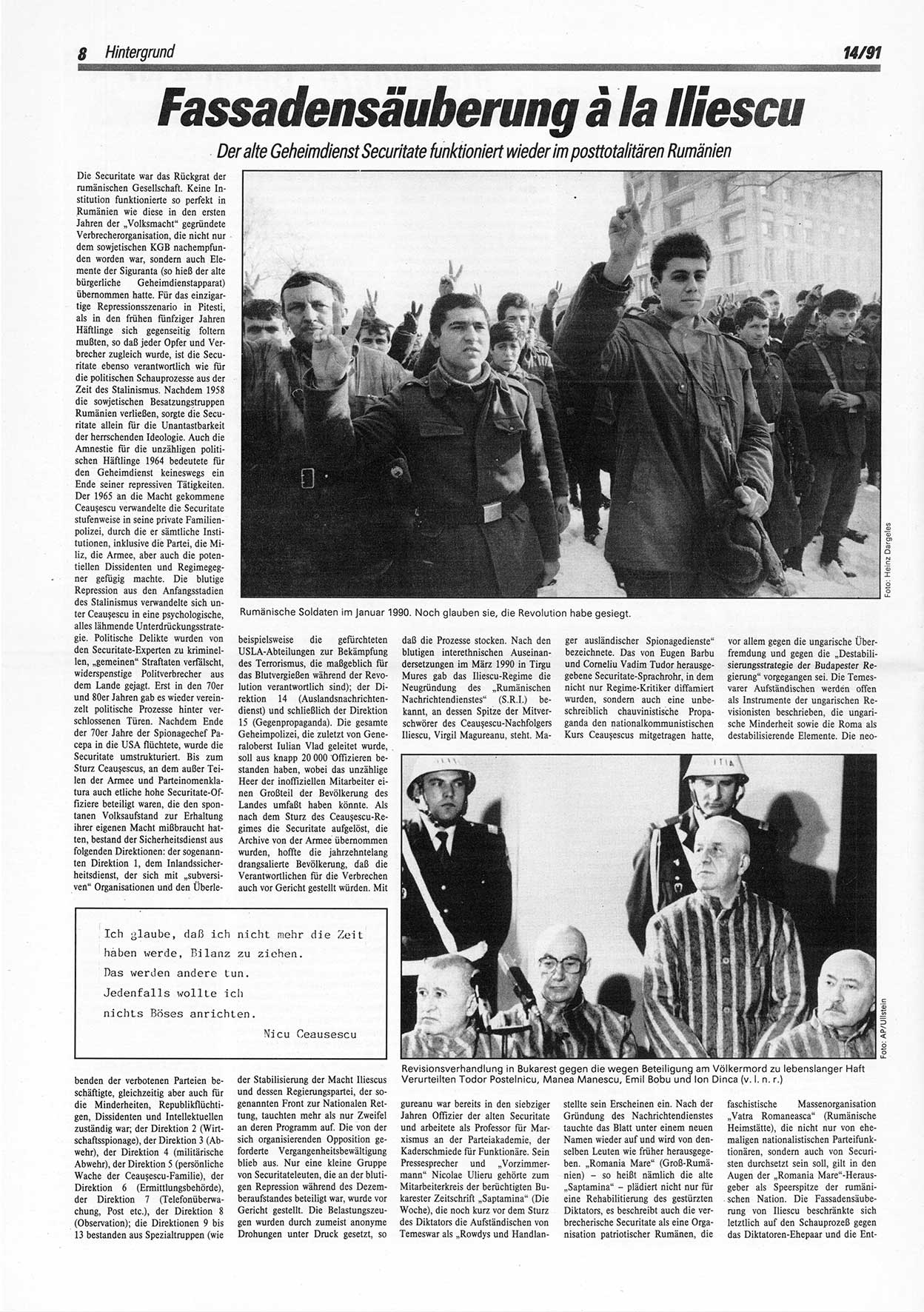 Die Andere, Unabhängige Wochenzeitung für Politik, Kultur und Kunst, Ausgabe 14 vom 3.4.1991, Seite 8 (And. W.-Zg. Ausg. 14 1991, S. 8)