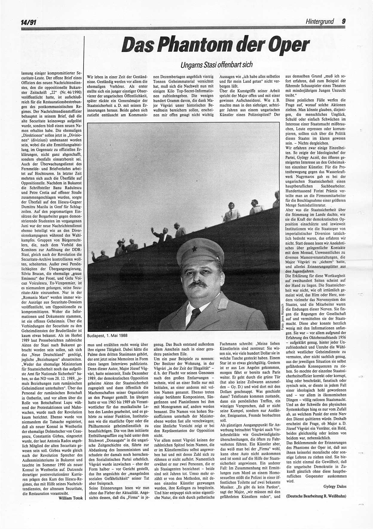 Die Andere, Unabhängige Wochenzeitung für Politik, Kultur und Kunst, Ausgabe 14 vom 3.4.1991, Seite 9 (And. W.-Zg. Ausg. 14 1991, S. 9)