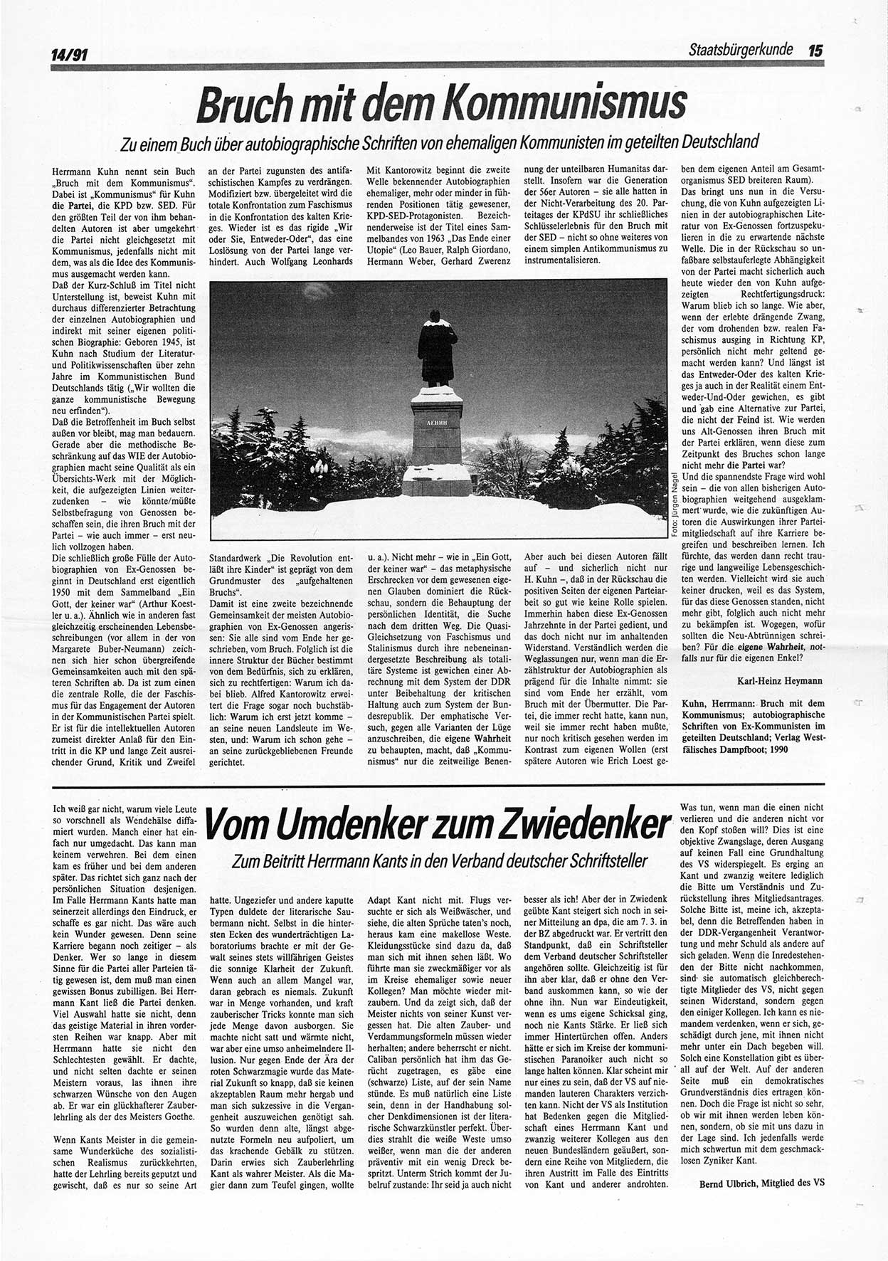 Die Andere, Unabhängige Wochenzeitung für Politik, Kultur und Kunst, Ausgabe 14 vom 3.4.1991, Seite 15 (And. W.-Zg. Ausg. 14 1991, S. 15)
