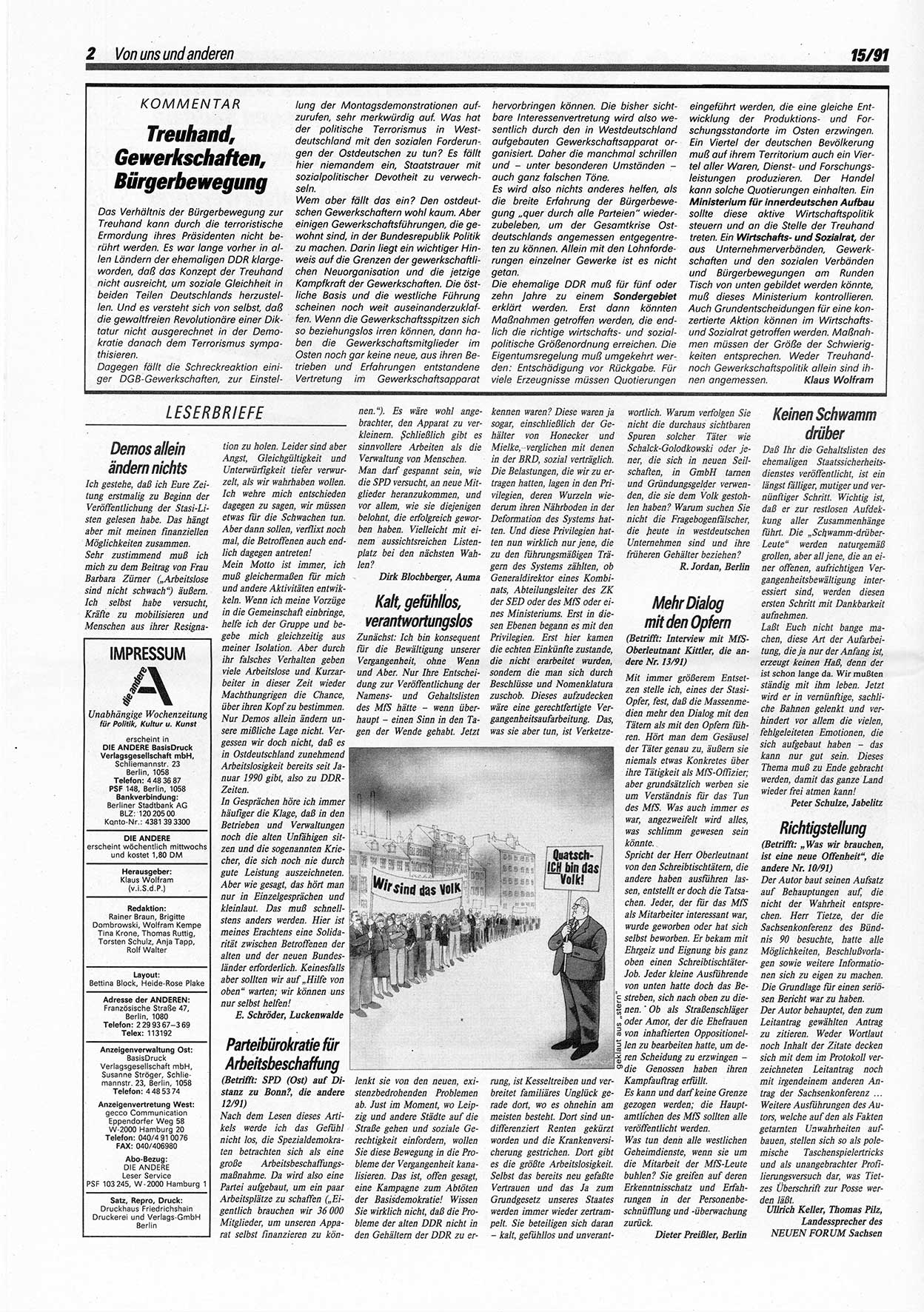 Die Andere, Unabhängige Wochenzeitung für Politik, Kultur und Kunst, Ausgabe 15 vom 10.4.1991, Seite 2 (And. W.-Zg. Ausg. 15 1991, S. 2)