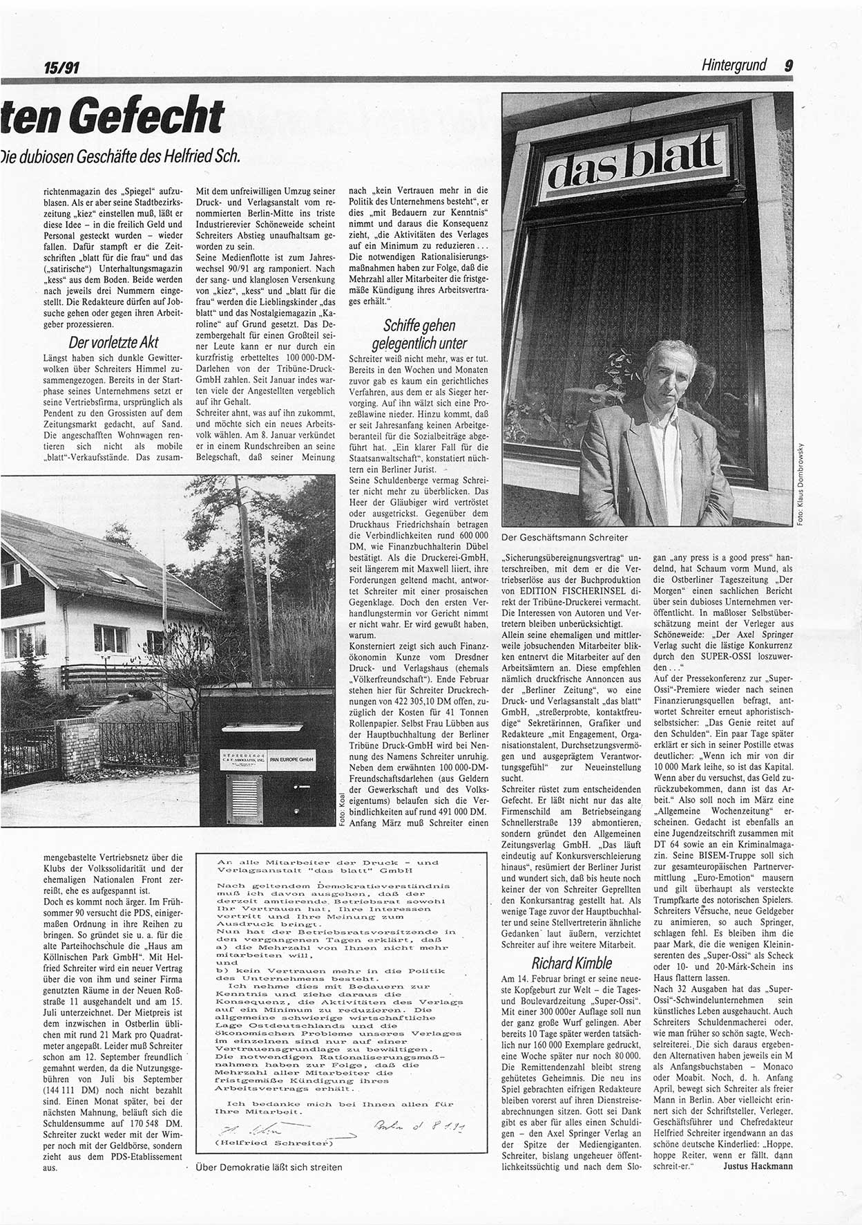 Die Andere, Unabhängige Wochenzeitung für Politik, Kultur und Kunst, Ausgabe 15 vom 10.4.1991, Seite 9 (And. W.-Zg. Ausg. 15 1991, S. 9)