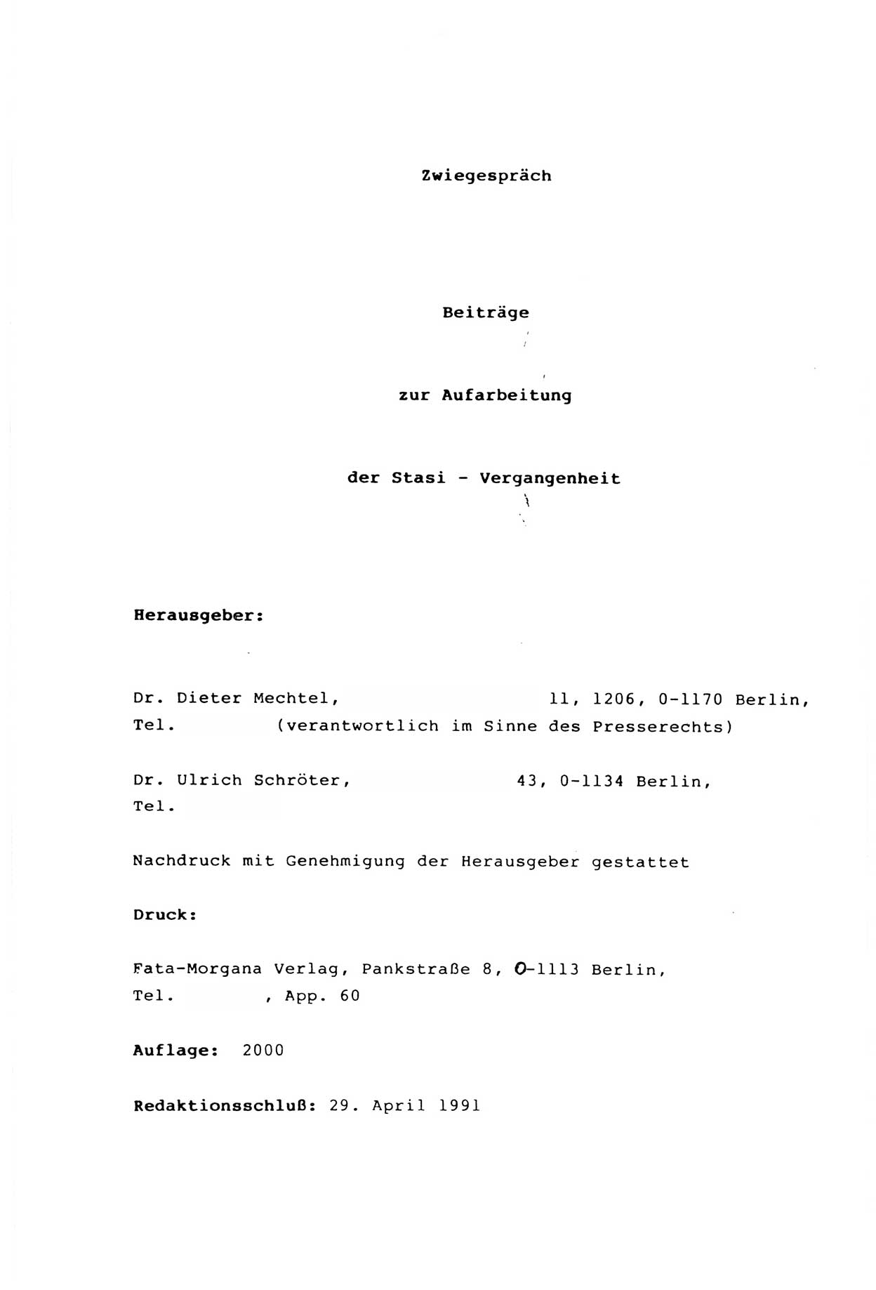 Zwie-Gespräch, Beiträge zur Aufarbeitung der Stasi-Vergangenheit [Deutsche Demokratische Republik (DDR)], Ausgabe Nr. 2, Berlin 1991, Seite 34 (Zwie-Gespr. Ausg. 2 1991, S. 34)