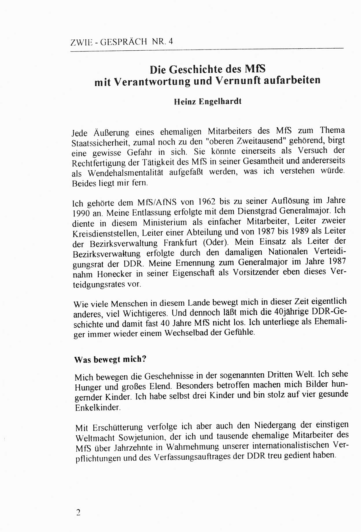 Zwie-Gespräch, Beiträge zur Aufarbeitung der Stasi-Vergangenheit [Deutsche Demokratische Republik (DDR)], Ausgabe Nr. 4, Berlin 1991, Seite 2 (Zwie-Gespr. Ausg. 4 1991, S. 2)