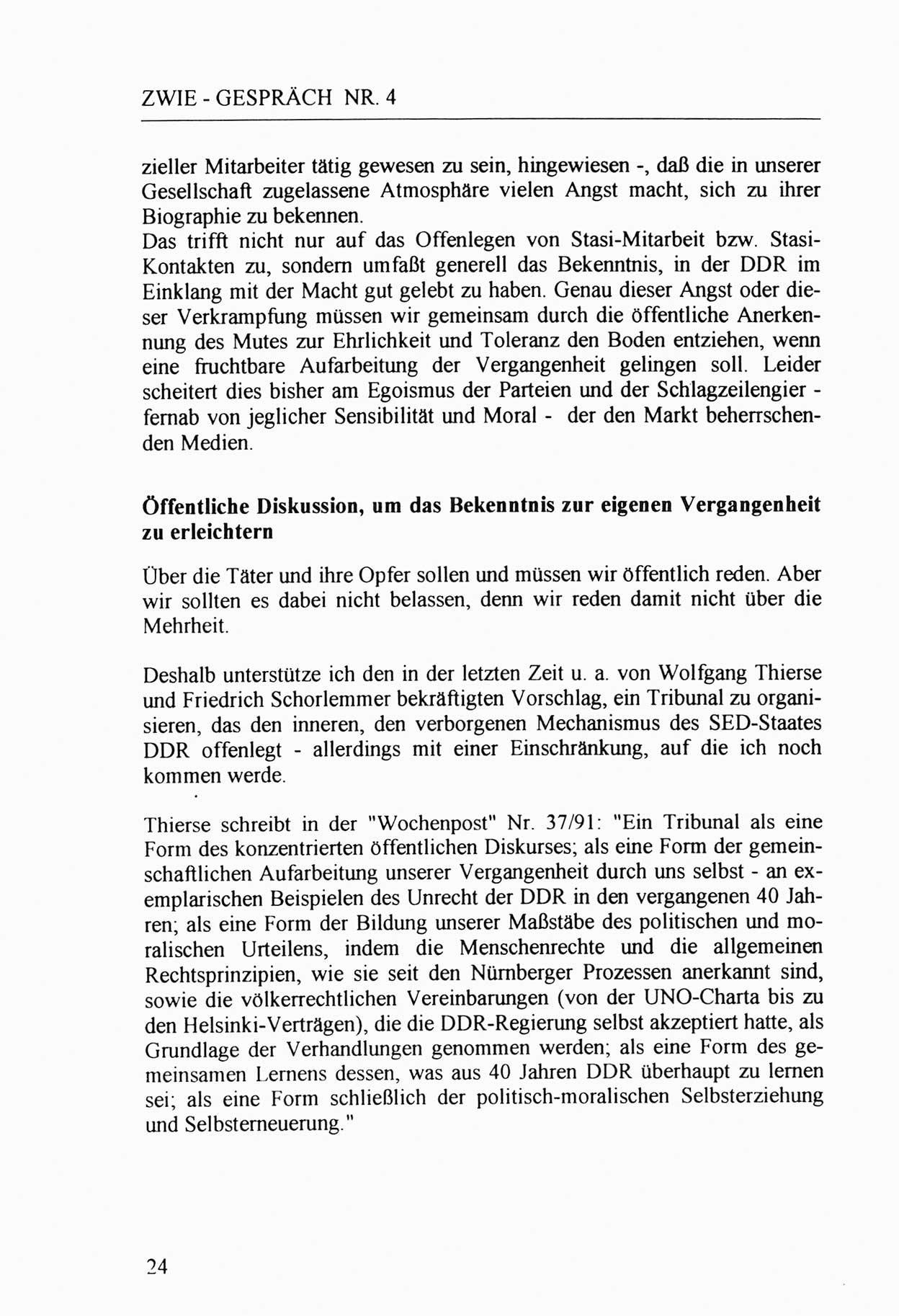 Zwie-Gespräch, Beiträge zur Aufarbeitung der Stasi-Vergangenheit [Deutsche Demokratische Republik (DDR)], Ausgabe Nr. 4, Berlin 1991, Seite 24 (Zwie-Gespr. Ausg. 4 1991, S. 24)