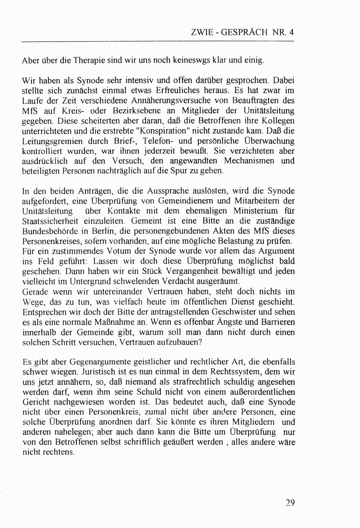 Zwie-Gespräch, Beiträge zur Aufarbeitung der Stasi-Vergangenheit [Deutsche Demokratische Republik (DDR)], Ausgabe Nr. 4, Berlin 1991, Seite 29 (Zwie-Gespr. Ausg. 4 1991, S. 29)