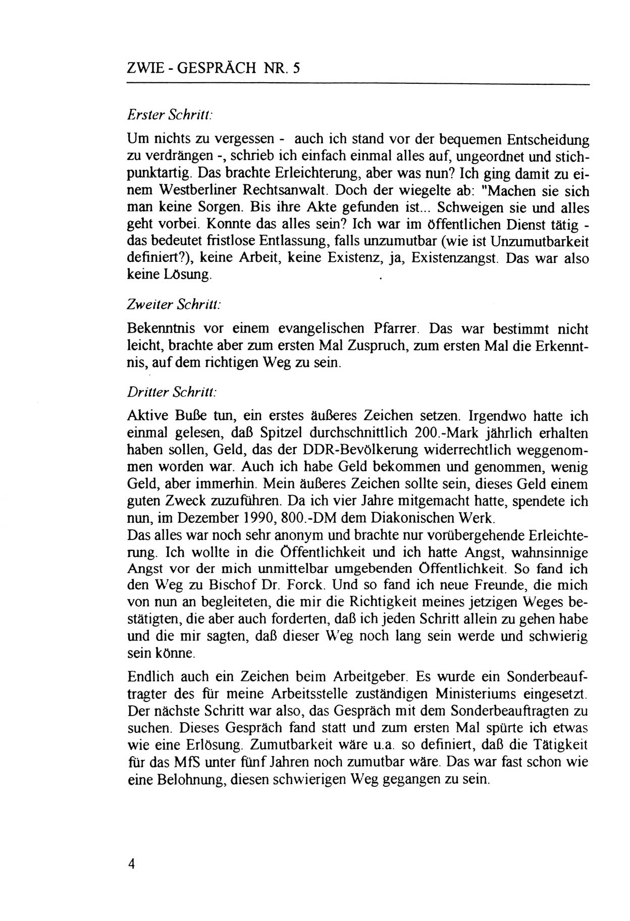 Zwie-Gespräch, Beiträge zur Aufarbeitung der Staatssicherheits-Vergangenheit [Deutsche Demokratische Republik (DDR)], Ausgabe Nr. 5, Berlin 1991, Seite 4 (Zwie-Gespr. Ausg. 5 1991, S. 4)