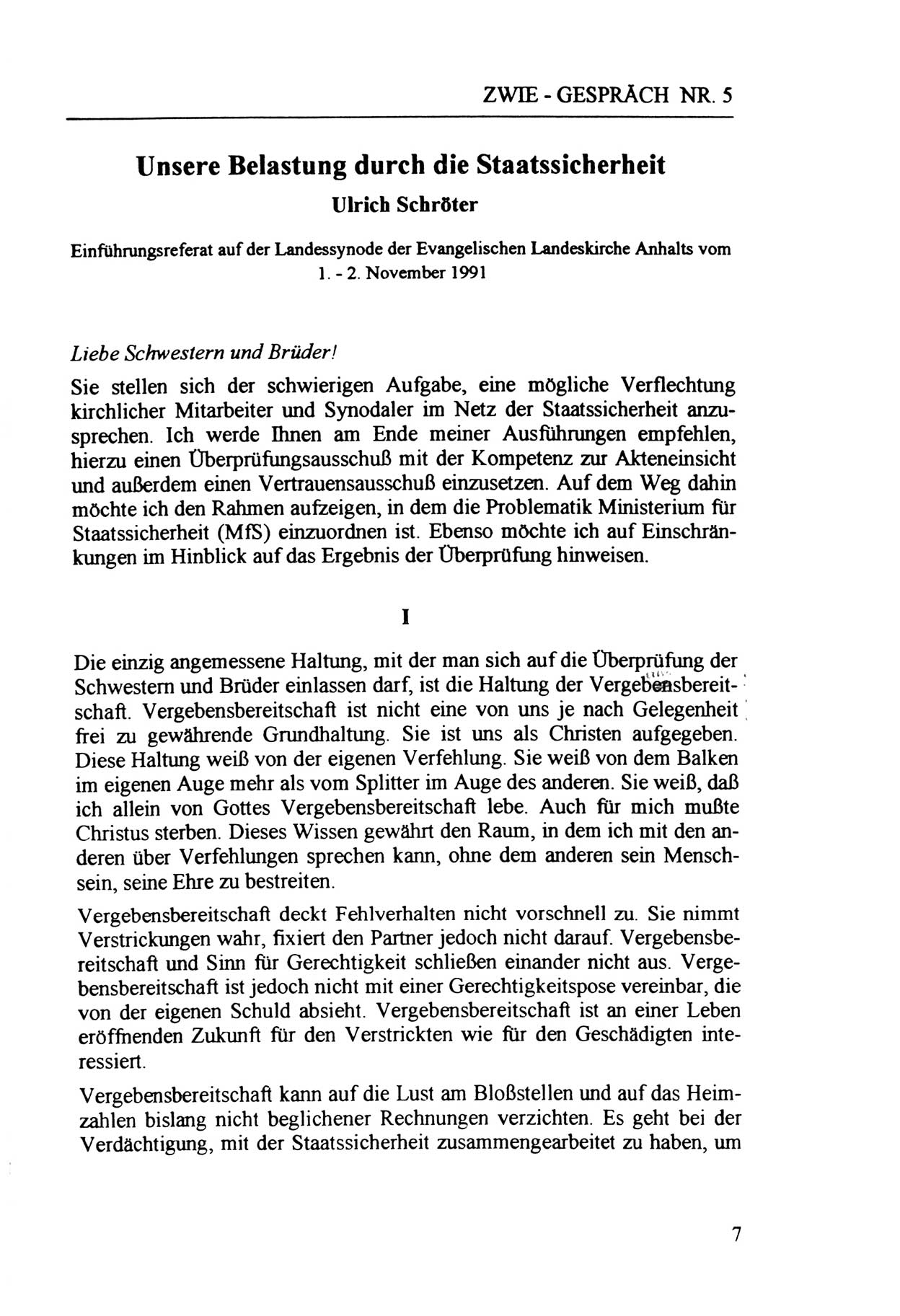 Zwie-Gespräch, Beiträge zur Aufarbeitung der Staatssicherheits-Vergangenheit [Deutsche Demokratische Republik (DDR)], Ausgabe Nr. 5, Berlin 1991, Seite 7 (Zwie-Gespr. Ausg. 5 1991, S. 7)