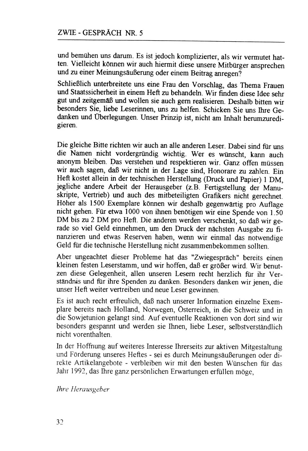 Zwie-Gespräch, Beiträge zur Aufarbeitung der Staatssicherheits-Vergangenheit [Deutsche Demokratische Republik (DDR)], Ausgabe Nr. 5, Berlin 1991, Seite 32 (Zwie-Gespr. Ausg. 5 1991, S. 32)