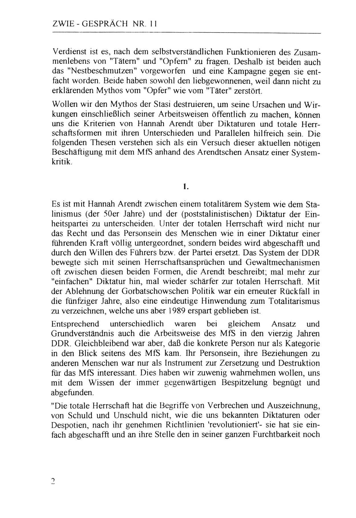 Zwie-Gespräch, Beiträge zur Aufarbeitung der Staatssicherheits-Vergangenheit [Deutsche Demokratische Republik (DDR)], Ausgabe Nr. 11, Berlin 1992, Seite 2 (Zwie-Gespr. Ausg. 11 1992, S. 2)