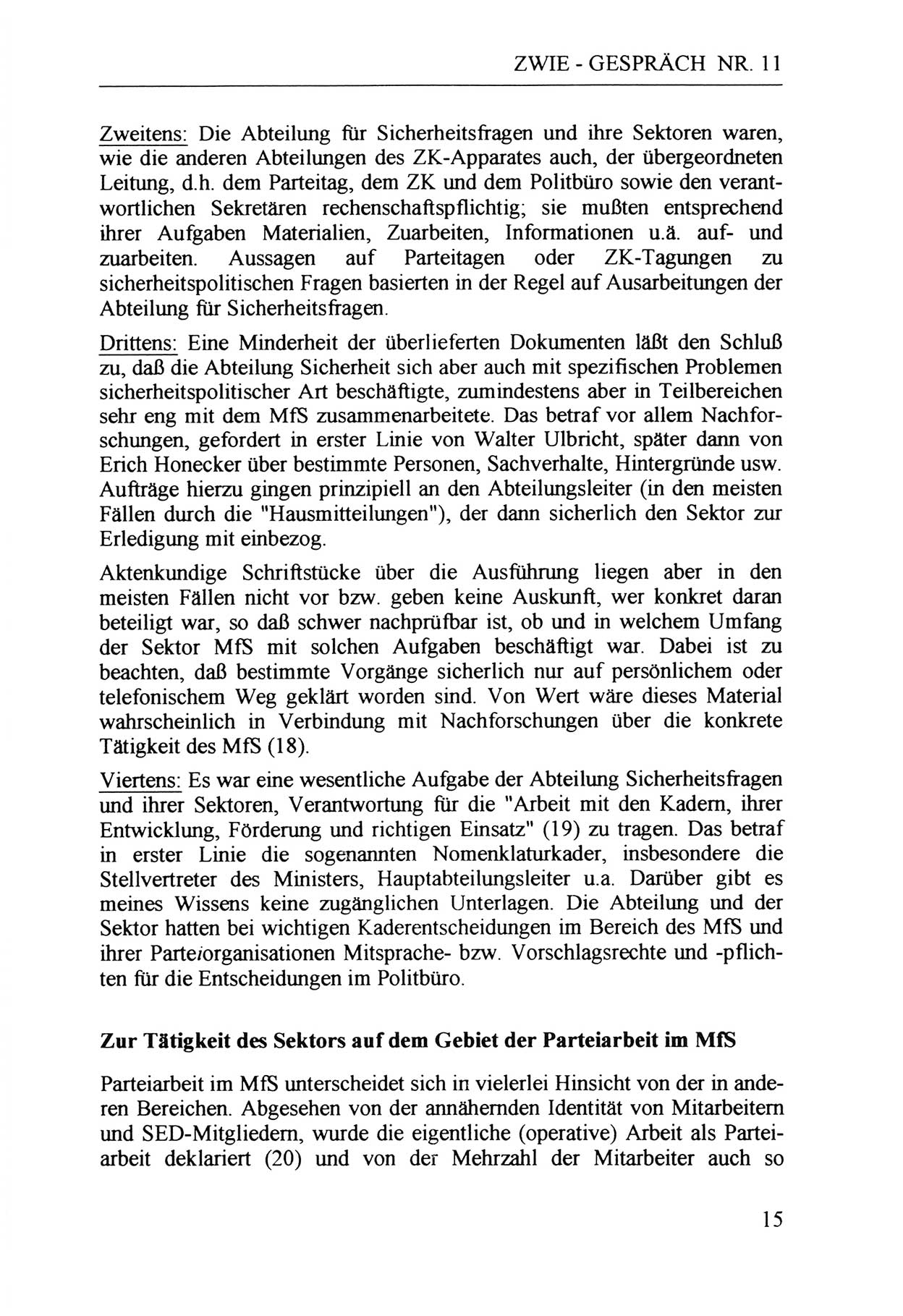 Zwie-Gespräch, Beiträge zur Aufarbeitung der Staatssicherheits-Vergangenheit [Deutsche Demokratische Republik (DDR)], Ausgabe Nr. 11, Berlin 1992, Seite 15 (Zwie-Gespr. Ausg. 11 1992, S. 15)