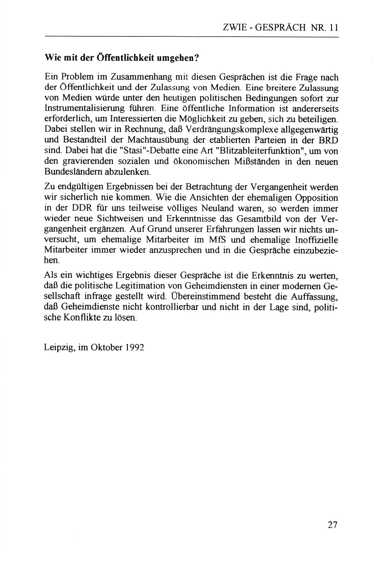 Zwie-Gespräch, Beiträge zur Aufarbeitung der Staatssicherheits-Vergangenheit [Deutsche Demokratische Republik (DDR)], Ausgabe Nr. 11, Berlin 1992, Seite 27 (Zwie-Gespr. Ausg. 11 1992, S. 27)