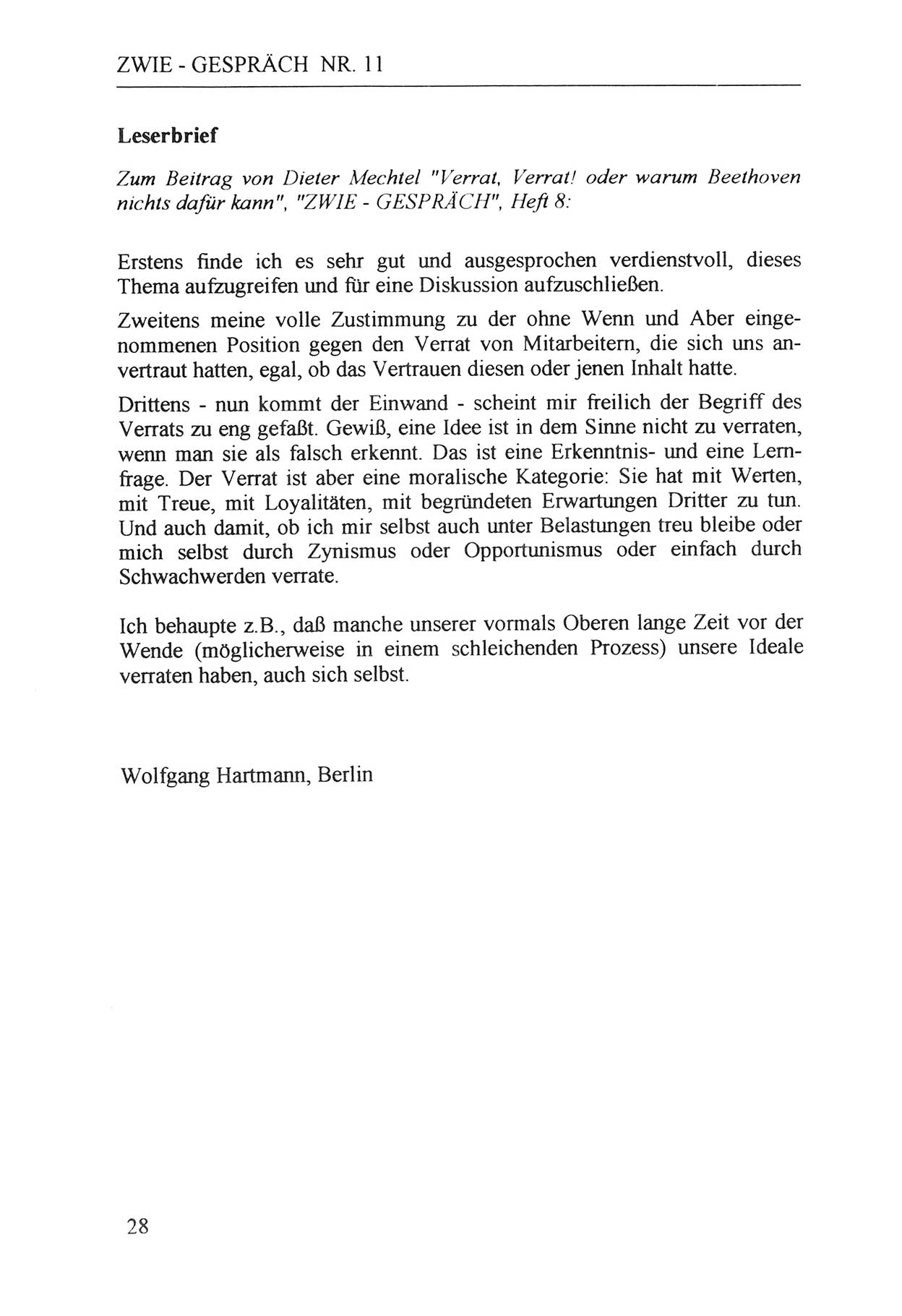 Zwie-Gespräch, Beiträge zur Aufarbeitung der Staatssicherheits-Vergangenheit [Deutsche Demokratische Republik (DDR)], Ausgabe Nr. 11, Berlin 1992, Seite 28 (Zwie-Gespr. Ausg. 11 1992, S. 28)