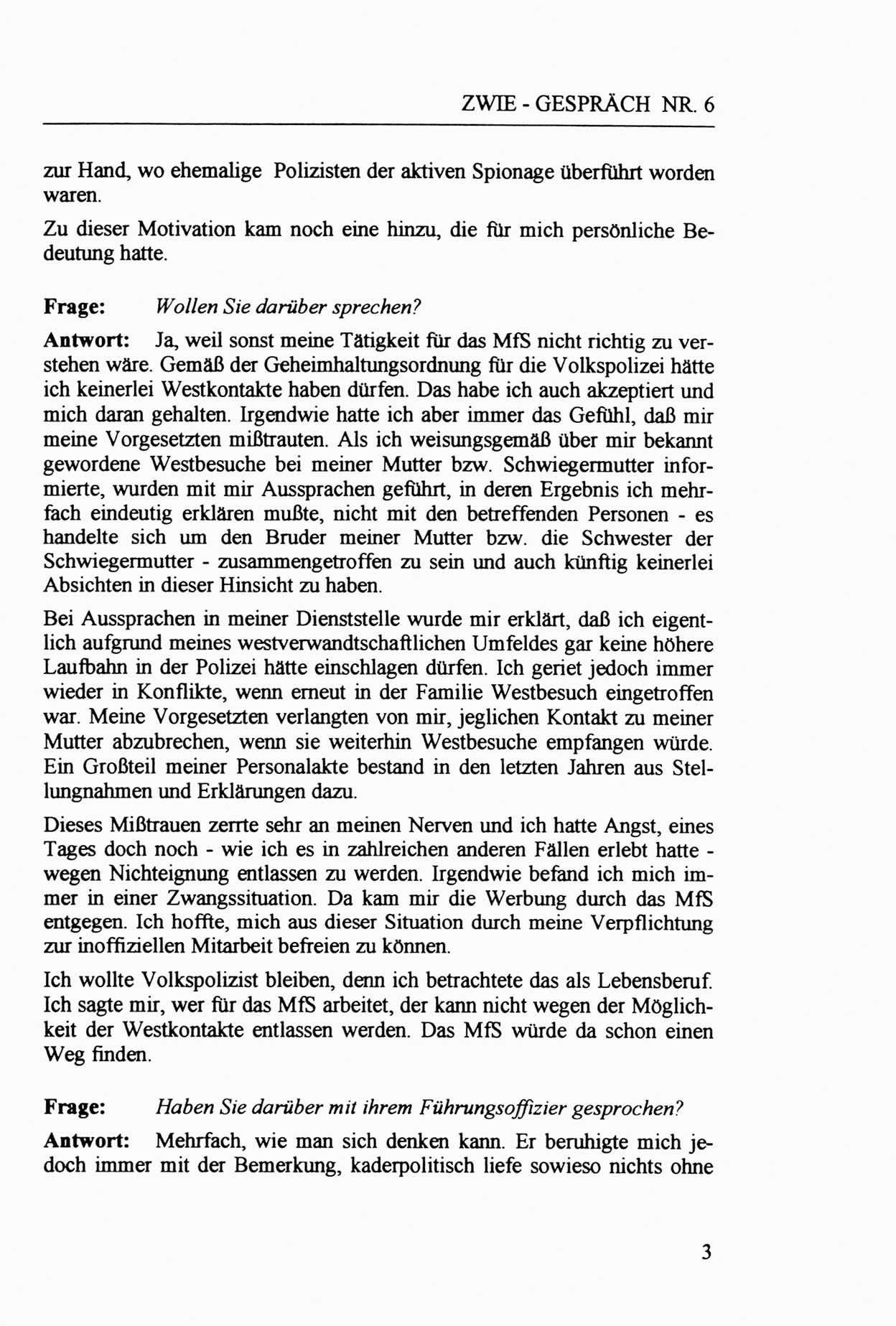 Zwie-Gespräch, Beiträge zur Aufarbeitung der Staatssicherheits-Vergangenheit [Deutsche Demokratische Republik (DDR)], Ausgabe Nr. 6, Berlin 1992, Seite 3 (Zwie-Gespr. Ausg. 6 1992, S. 3)