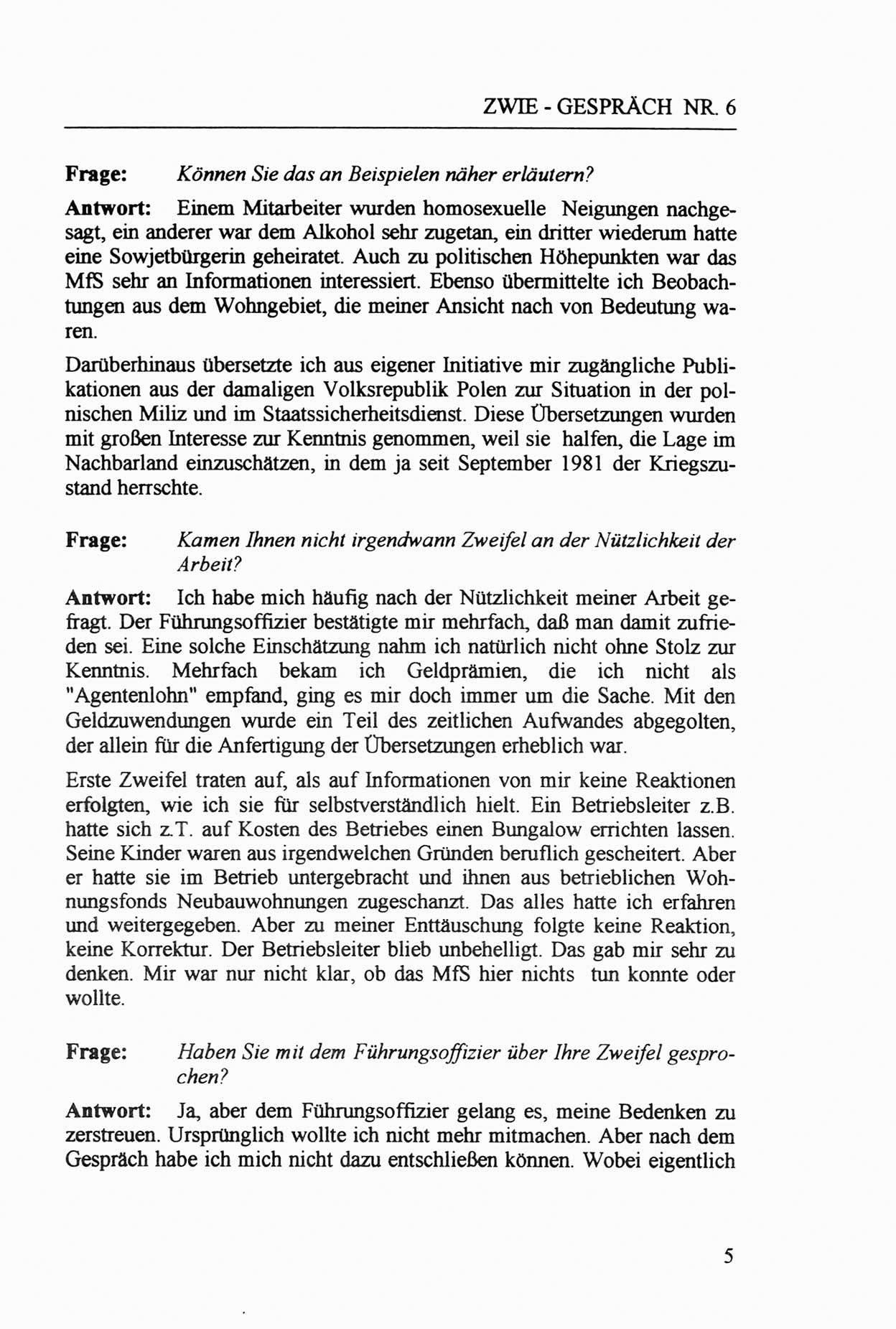 Zwie-Gespräch, Beiträge zur Aufarbeitung der Staatssicherheits-Vergangenheit [Deutsche Demokratische Republik (DDR)], Ausgabe Nr. 6, Berlin 1992, Seite 5 (Zwie-Gespr. Ausg. 6 1992, S. 5)