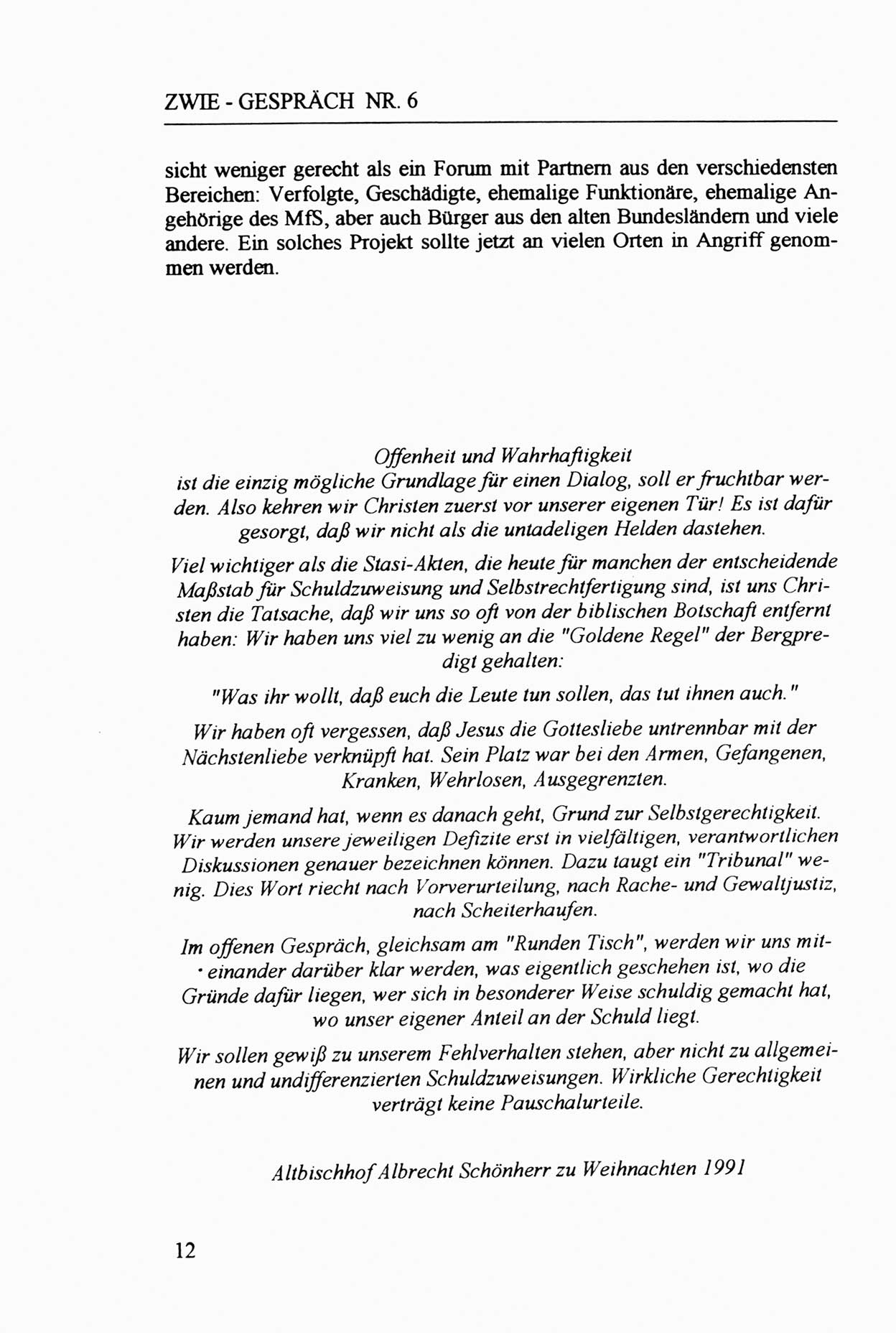 Zwie-Gespräch, Beiträge zur Aufarbeitung der Staatssicherheits-Vergangenheit [Deutsche Demokratische Republik (DDR)], Ausgabe Nr. 6, Berlin 1992, Seite 12 (Zwie-Gespr. Ausg. 6 1992, S. 12)