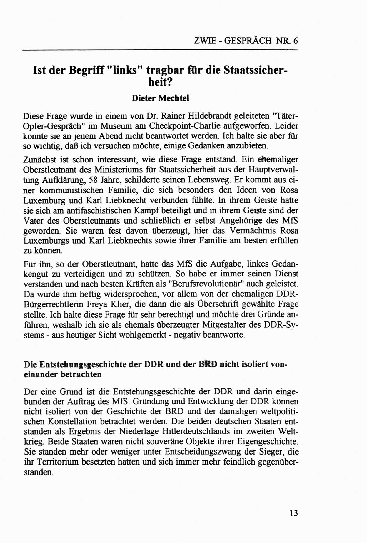 Zwie-Gespräch, Beiträge zur Aufarbeitung der Staatssicherheits-Vergangenheit [Deutsche Demokratische Republik (DDR)], Ausgabe Nr. 6, Berlin 1992, Seite 13 (Zwie-Gespr. Ausg. 6 1992, S. 13)