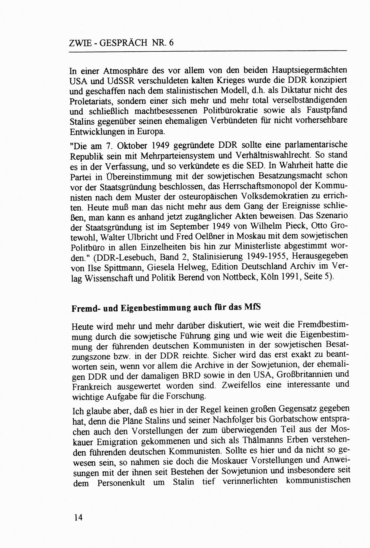 Zwie-Gespräch, Beiträge zur Aufarbeitung der Staatssicherheits-Vergangenheit [Deutsche Demokratische Republik (DDR)], Ausgabe Nr. 6, Berlin 1992, Seite 14 (Zwie-Gespr. Ausg. 6 1992, S. 14)