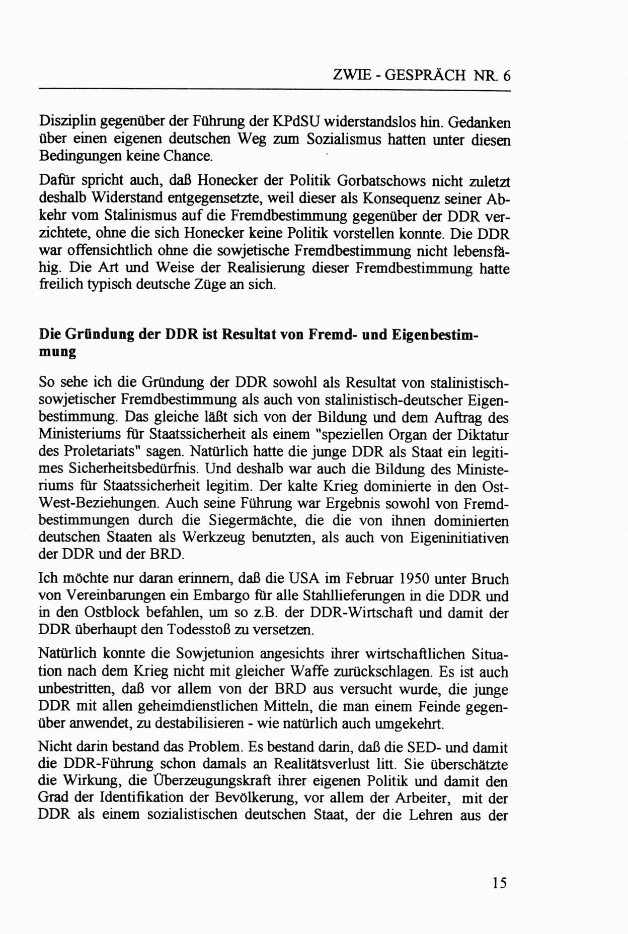 Zwie-Gespräch, Beiträge zur Aufarbeitung der Staatssicherheits-Vergangenheit [Deutsche Demokratische Republik (DDR)], Ausgabe Nr. 6, Berlin 1992, Seite 15 (Zwie-Gespr. Ausg. 6 1992, S. 15)