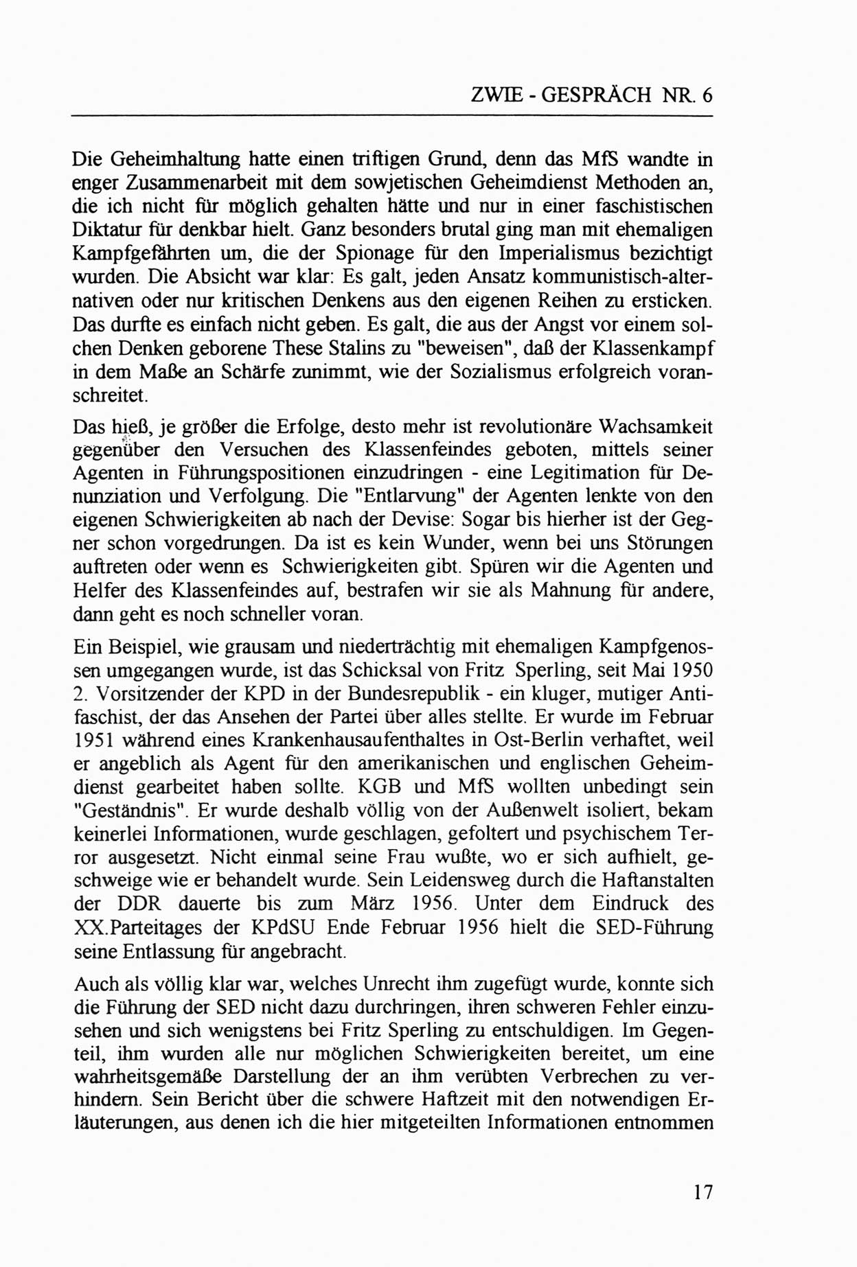 Zwie-Gespräch, Beiträge zur Aufarbeitung der Staatssicherheits-Vergangenheit [Deutsche Demokratische Republik (DDR)], Ausgabe Nr. 6, Berlin 1992, Seite 17 (Zwie-Gespr. Ausg. 6 1992, S. 17)