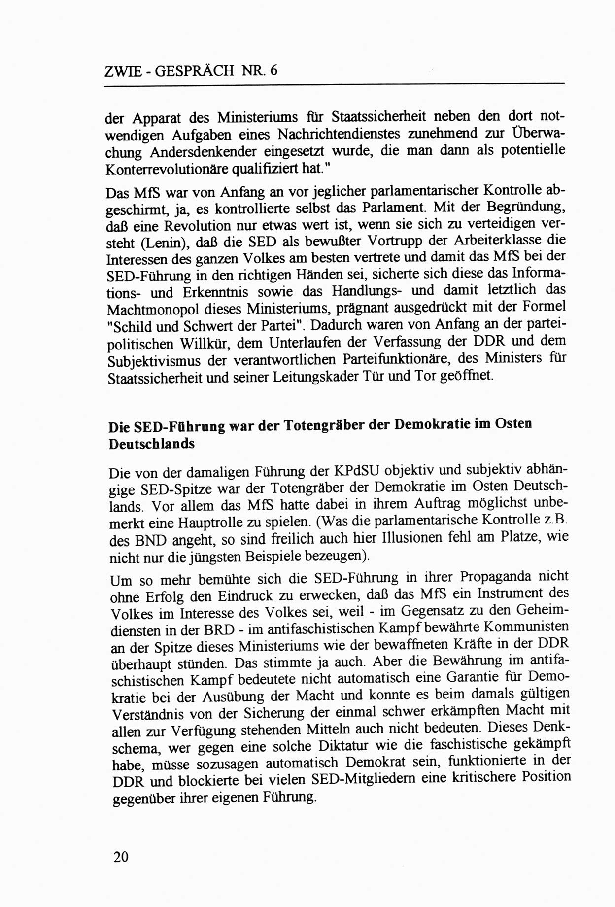 Zwie-Gespräch, Beiträge zur Aufarbeitung der Staatssicherheits-Vergangenheit [Deutsche Demokratische Republik (DDR)], Ausgabe Nr. 6, Berlin 1992, Seite 20 (Zwie-Gespr. Ausg. 6 1992, S. 20)