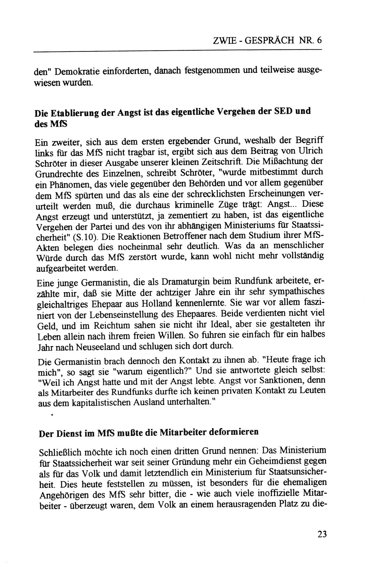 Zwie-Gespräch, Beiträge zur Aufarbeitung der Staatssicherheits-Vergangenheit [Deutsche Demokratische Republik (DDR)], Ausgabe Nr. 6, Berlin 1992, Seite 23 (Zwie-Gespr. Ausg. 6 1992, S. 23)