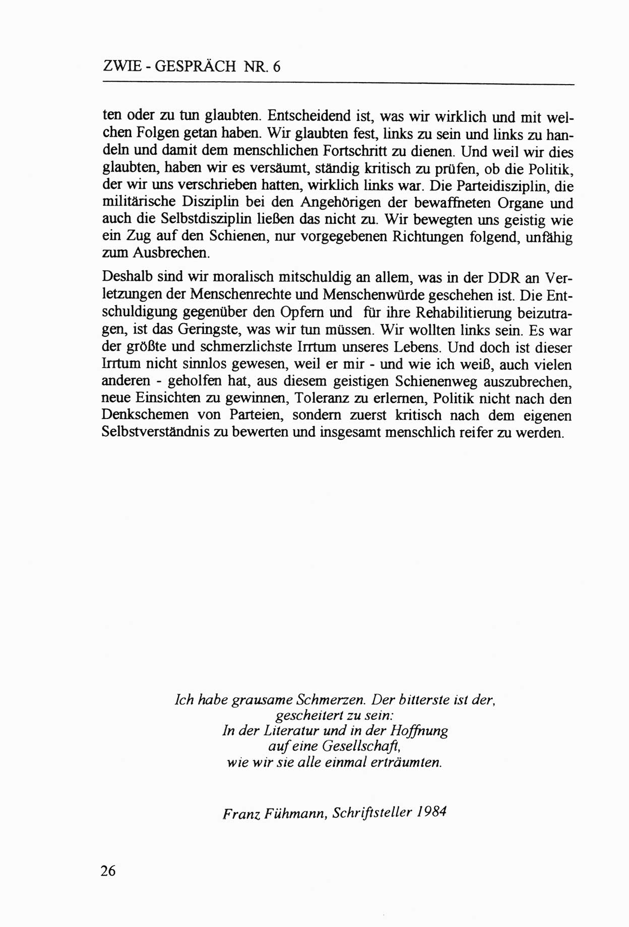 Zwie-Gespräch, Beiträge zur Aufarbeitung der Staatssicherheits-Vergangenheit [Deutsche Demokratische Republik (DDR)], Ausgabe Nr. 6, Berlin 1992, Seite 26 (Zwie-Gespr. Ausg. 6 1992, S. 26)