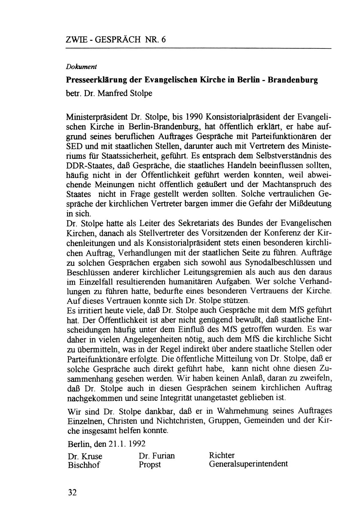 Zwie-Gespräch, Beiträge zur Aufarbeitung der Staatssicherheits-Vergangenheit [Deutsche Demokratische Republik (DDR)], Ausgabe Nr. 6, Berlin 1992, Seite 32 (Zwie-Gespr. Ausg. 6 1992, S. 32)