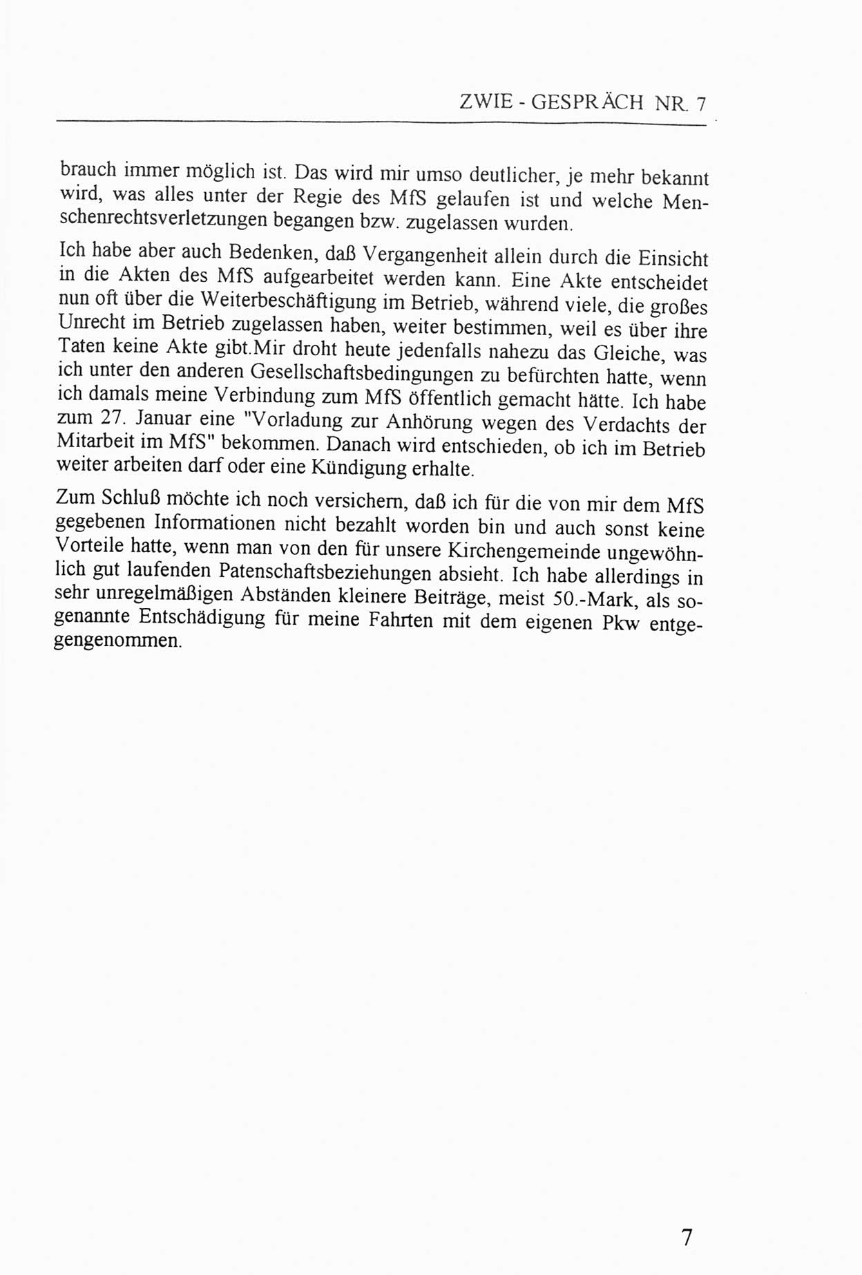 Zwie-Gespräch, Beiträge zur Aufarbeitung der Staatssicherheits-Vergangenheit [Deutsche Demokratische Republik (DDR)], Ausgabe Nr. 7, Berlin 1992, Seite 7 (Zwie-Gespr. Ausg. 7 1992, S. 7)