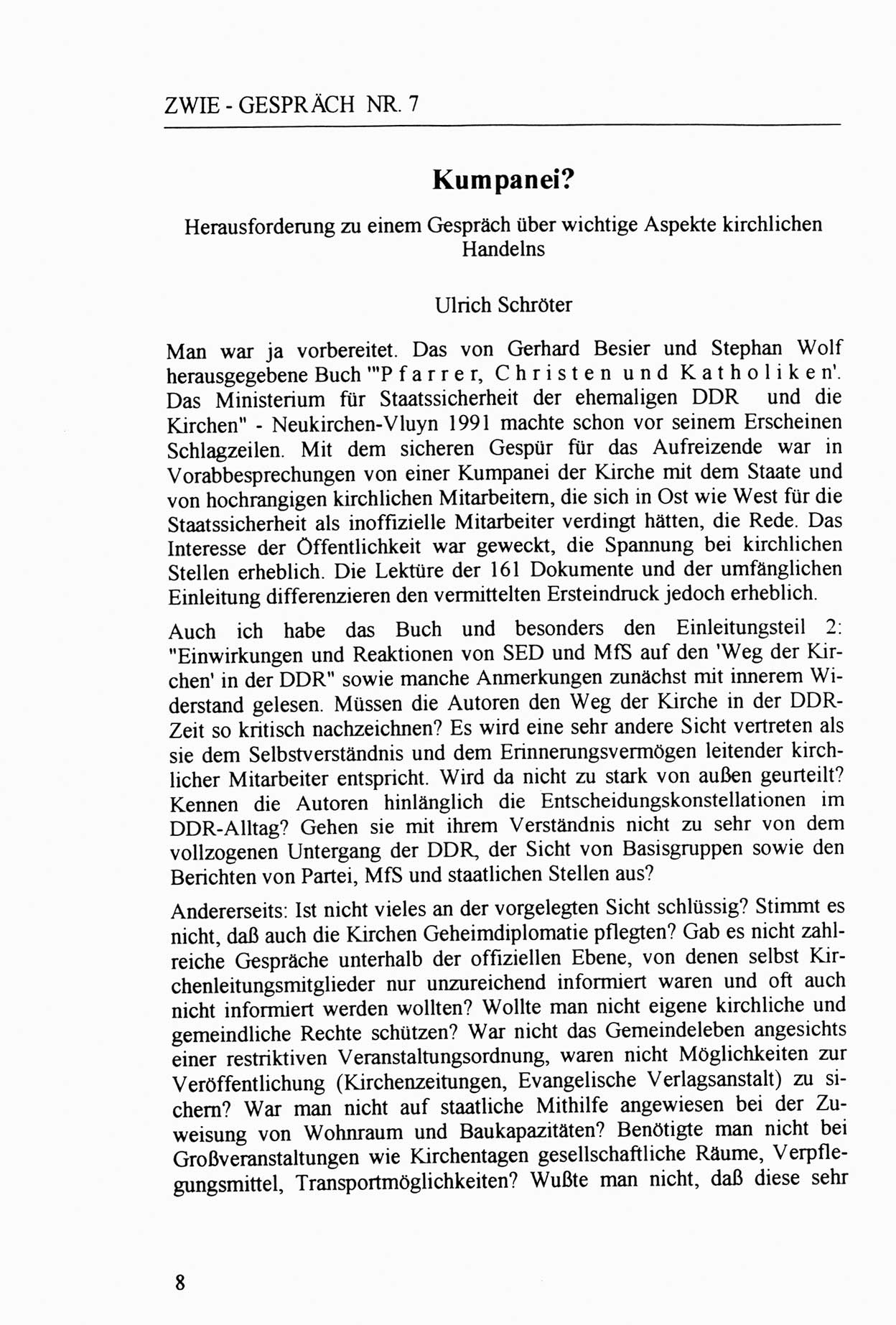 Zwie-Gespräch, Beiträge zur Aufarbeitung der Staatssicherheits-Vergangenheit [Deutsche Demokratische Republik (DDR)], Ausgabe Nr. 7, Berlin 1992, Seite 8 (Zwie-Gespr. Ausg. 7 1992, S. 8)