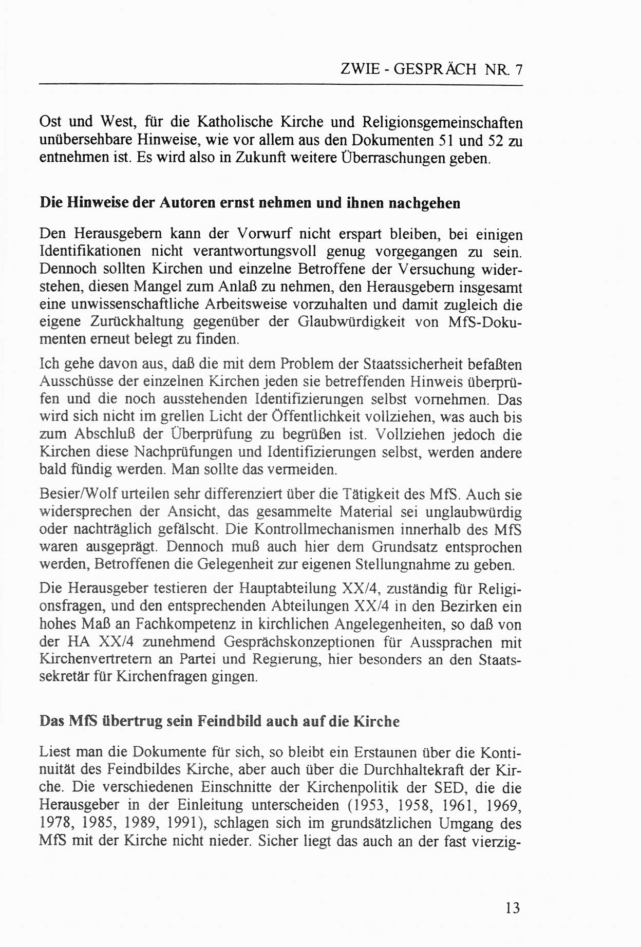 Zwie-Gespräch, Beiträge zur Aufarbeitung der Staatssicherheits-Vergangenheit [Deutsche Demokratische Republik (DDR)], Ausgabe Nr. 7, Berlin 1992, Seite 13 (Zwie-Gespr. Ausg. 7 1992, S. 13)