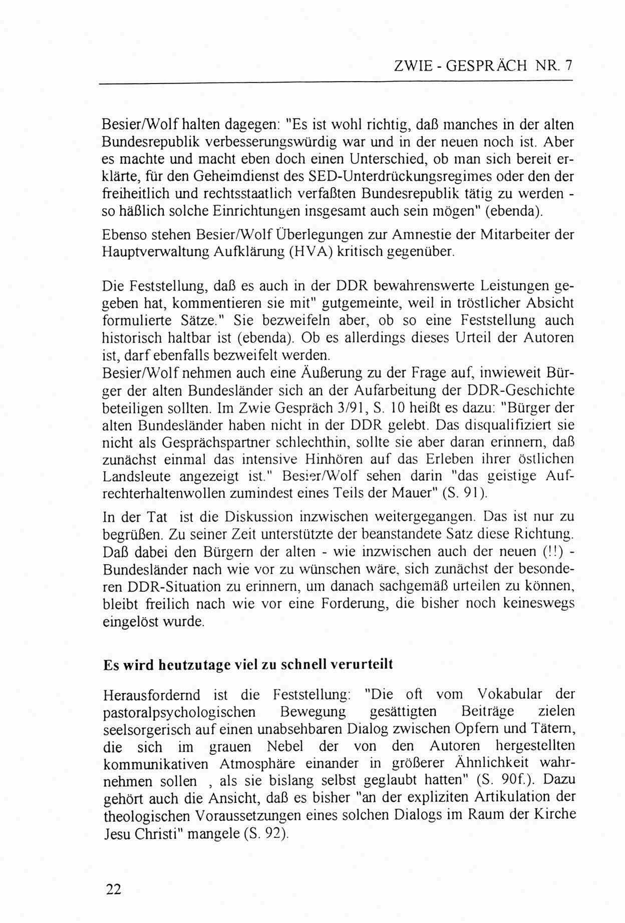 Zwie-Gespräch, Beiträge zur Aufarbeitung der Staatssicherheits-Vergangenheit [Deutsche Demokratische Republik (DDR)], Ausgabe Nr. 7, Berlin 1992, Seite 22 (Zwie-Gespr. Ausg. 7 1992, S. 22)