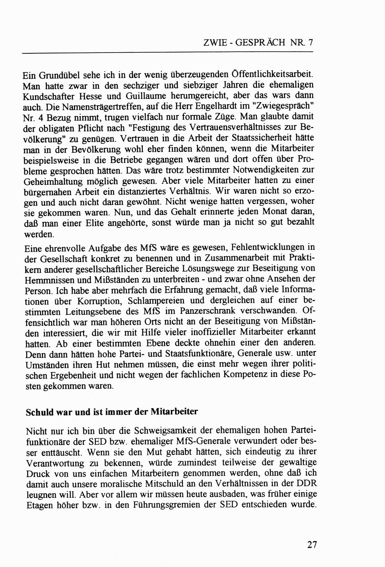 Zwie-Gespräch, Beiträge zur Aufarbeitung der Staatssicherheits-Vergangenheit [Deutsche Demokratische Republik (DDR)], Ausgabe Nr. 7, Berlin 1992, Seite 27 (Zwie-Gespr. Ausg. 7 1992, S. 27)